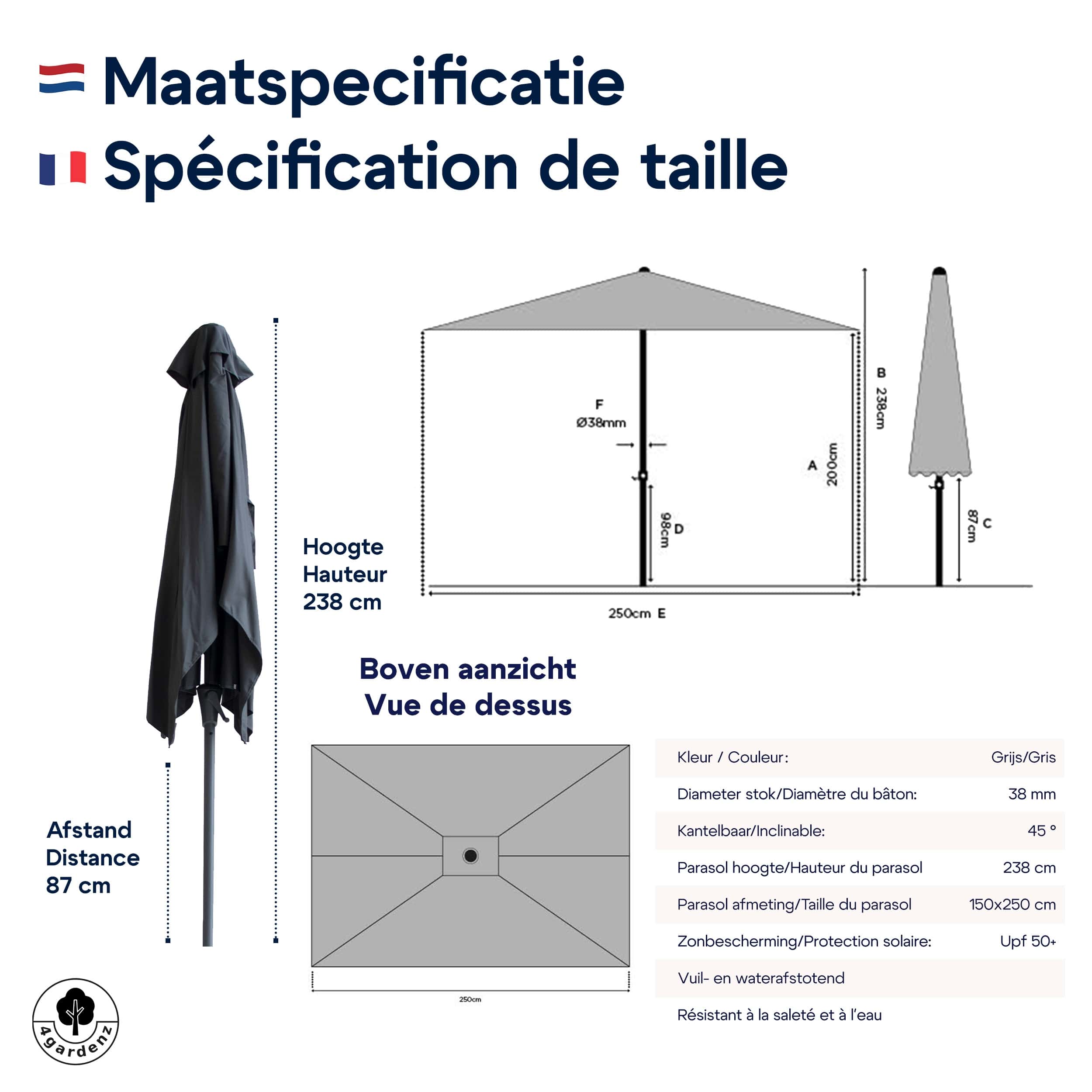 4gardenz® Parasol Rechthoek 150X250cm Kantelbaar - Balkonparasol - Grijs 4gardenz® Parasol Rechthoek 150X250cm Kantelbaar - Balkonparasol - Grijs