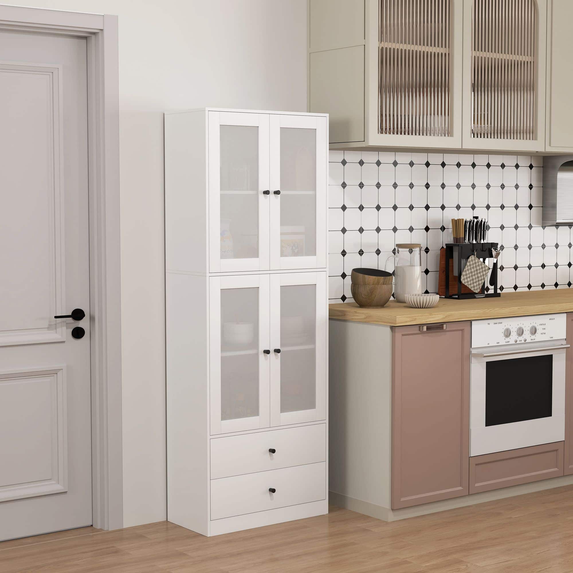 Keukenkast Buffetkast Hoog met 2 matglas deuren 30x59x170 cm - Wit