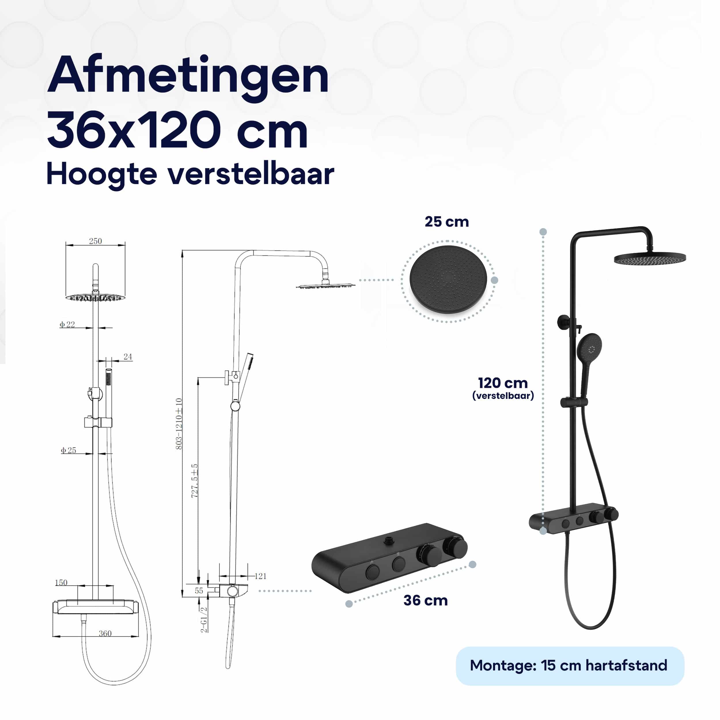 Luzzo® Dirillo Regendouche Thermostaat met Planchet - Mat Zwart