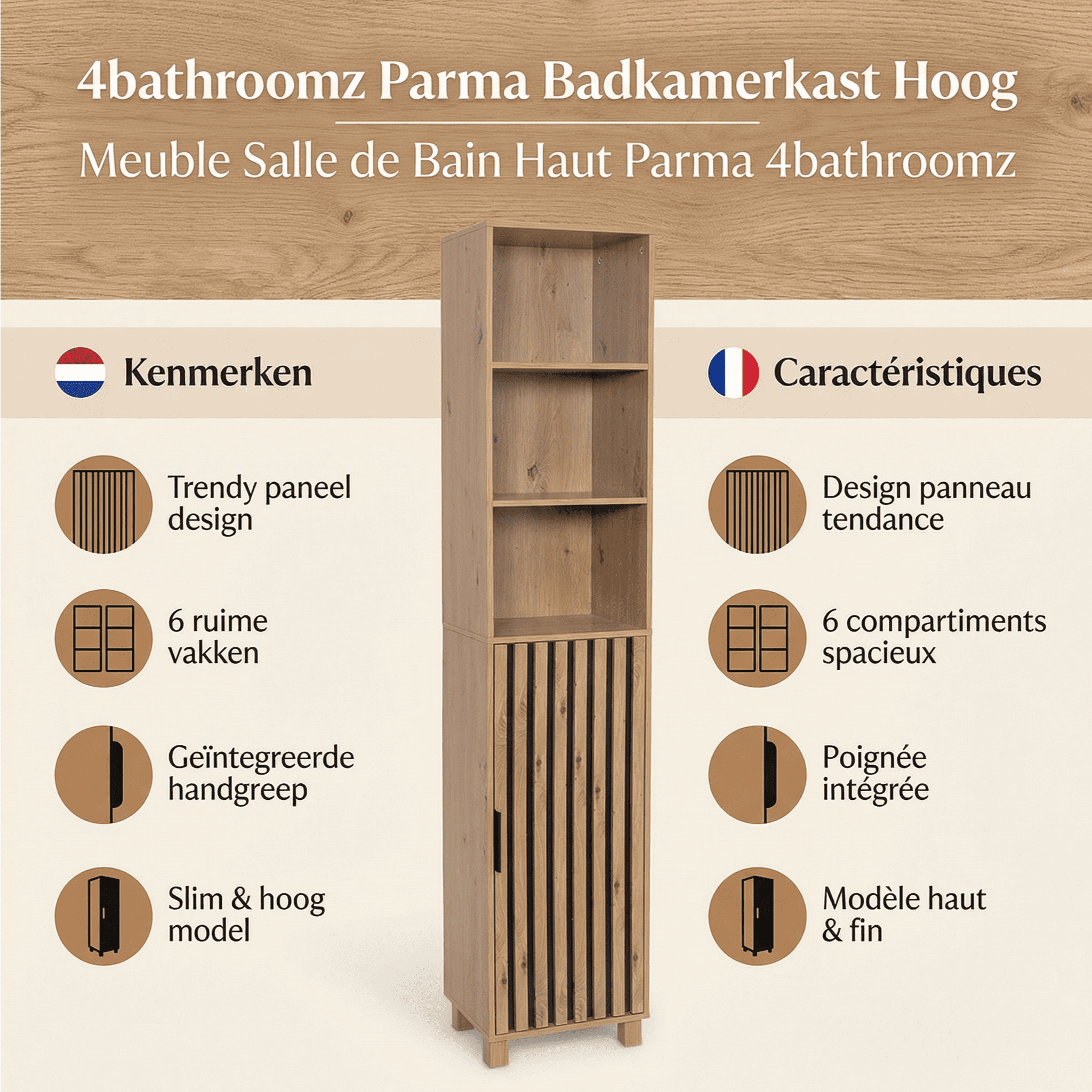 4bathroomz Parma Badkamerkast Hoog - Kolomkast in Paneel design - Bruin/Zwart 4bathroomz Parma Badkamerkast Hoog - Kolomkast in Paneel design - Bruin/Zwart