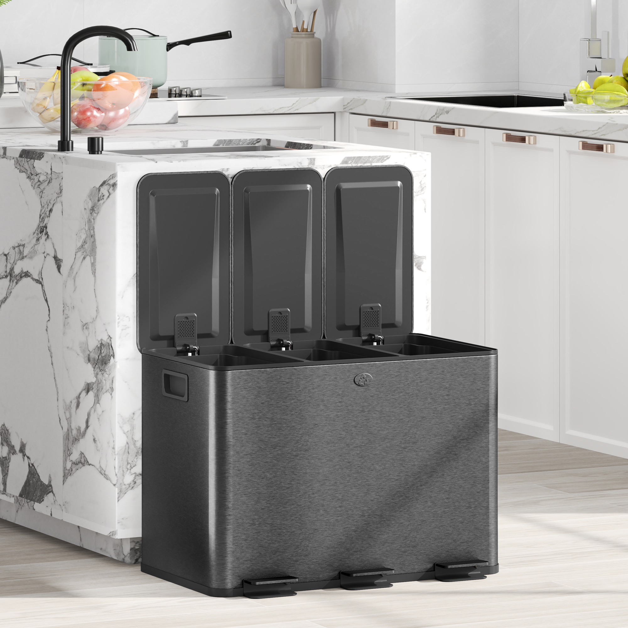 Prullenbak Afvalscheiding 3 x 20L - Geurfilter - Soft-Close - Binnen emmers uitneembaar - Zwart