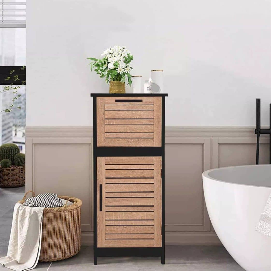 Badkamerkast Halfhoog Bergen met Deur en Lade - Zwart/Bruin