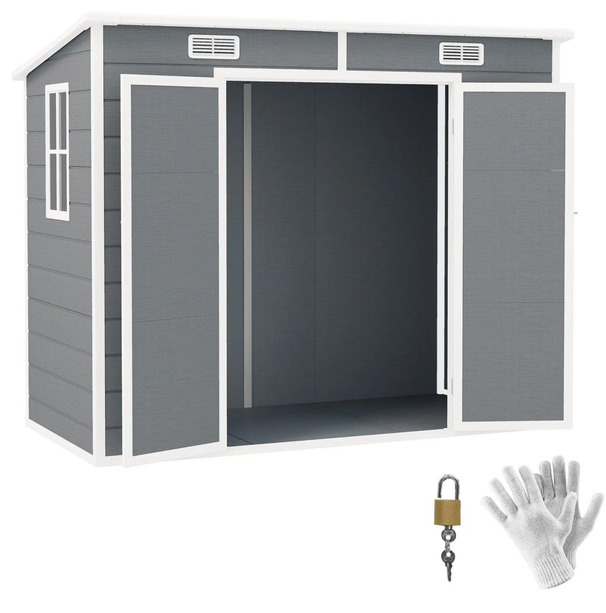 Kunststof Tuinhuis met Vloer - Raam en Afsluitbare Deuren - 125x238x183 cm - Grijs