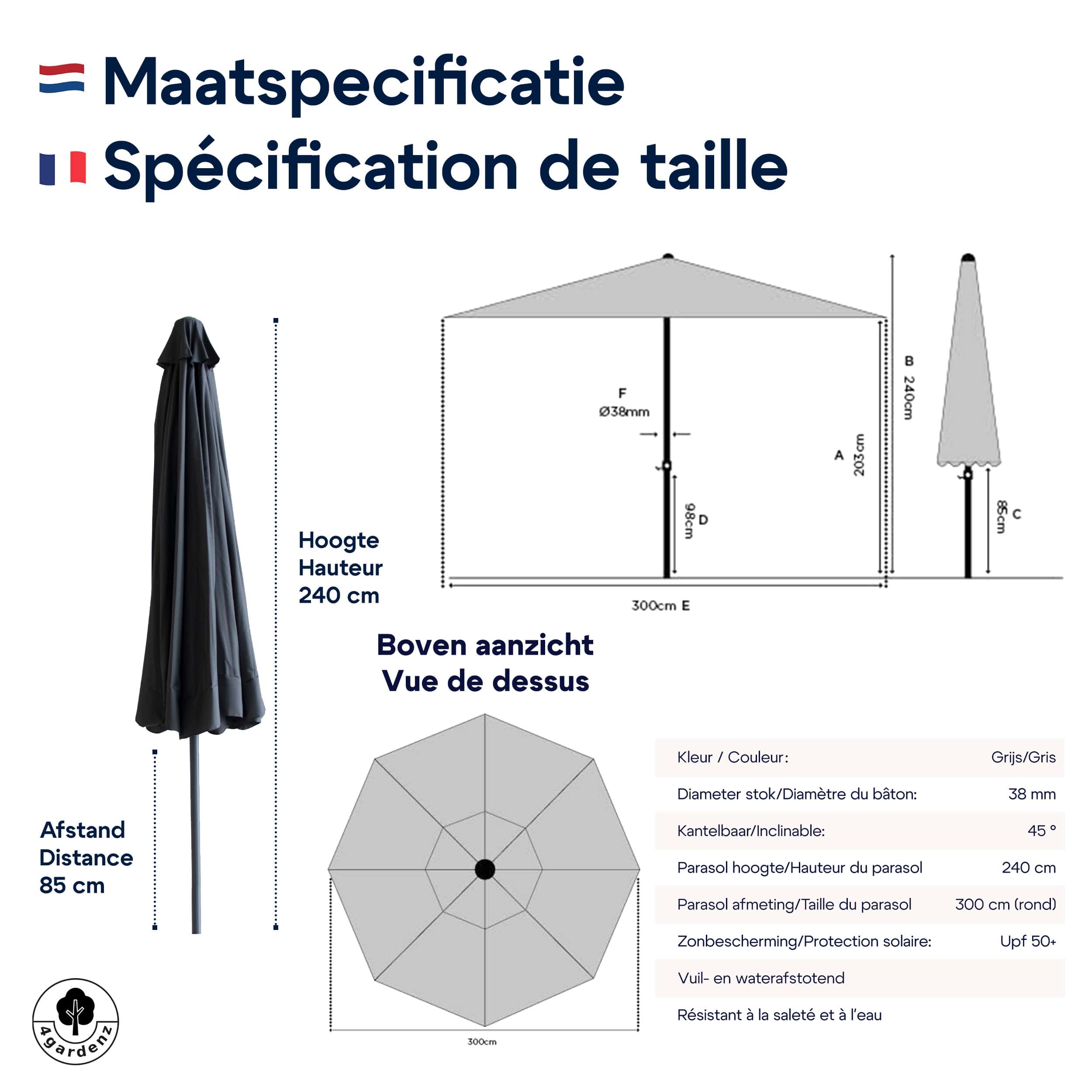 4gardenz® Parasol Rond 300 cm met Volant - Kantelbaar - UPF50+ - Antraciet