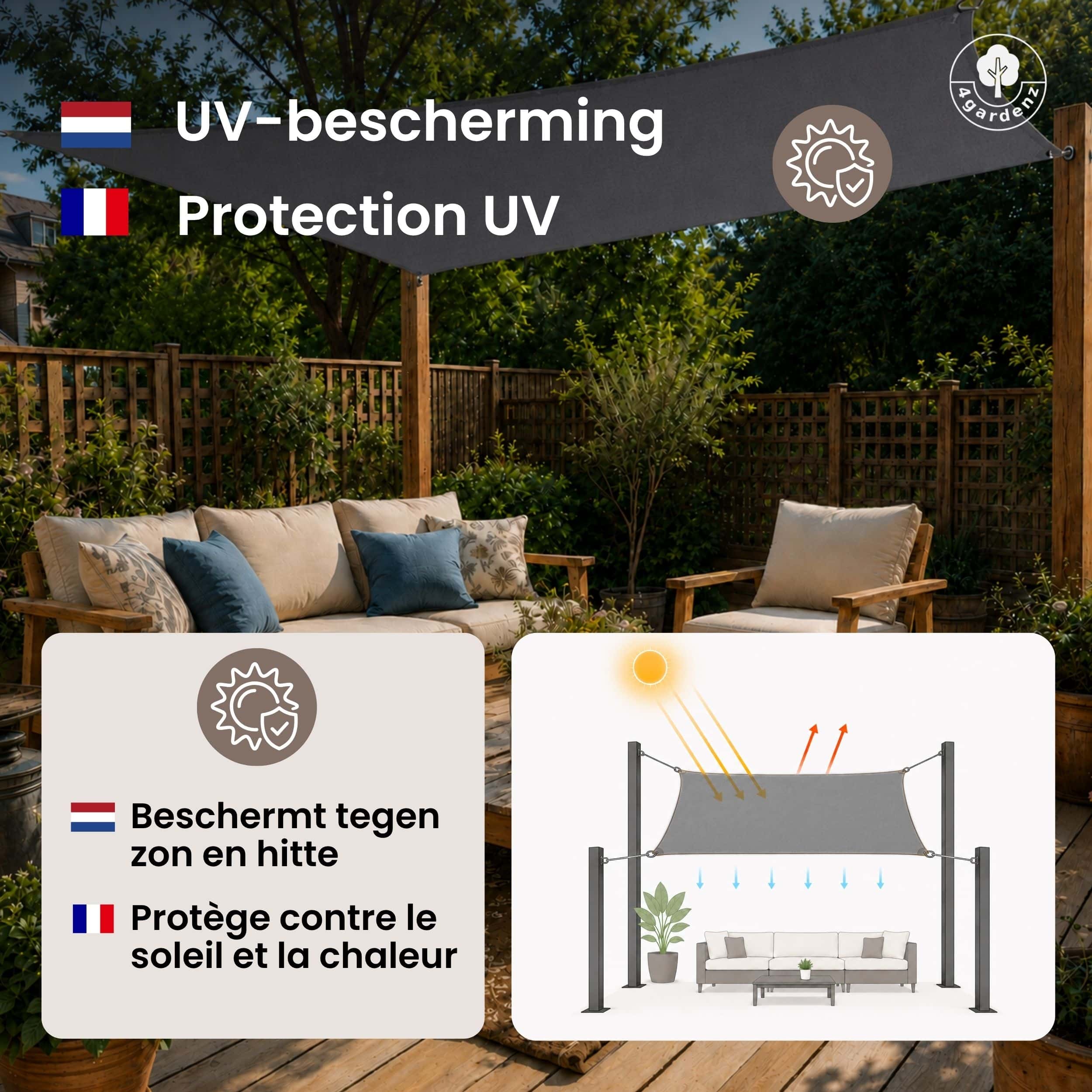 4gardenz Schaduwdoek Waterafstotend Vierkant 4x4 mtr - Grijs