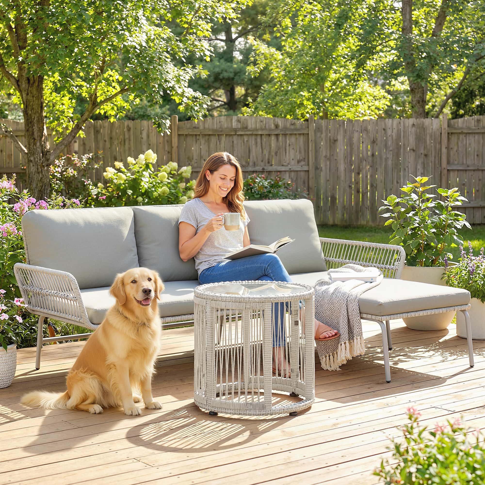 4goodz 3 persoons Loungeset met chaise longue en glazen tafel - afneembare kussens - Lichtgrijs
