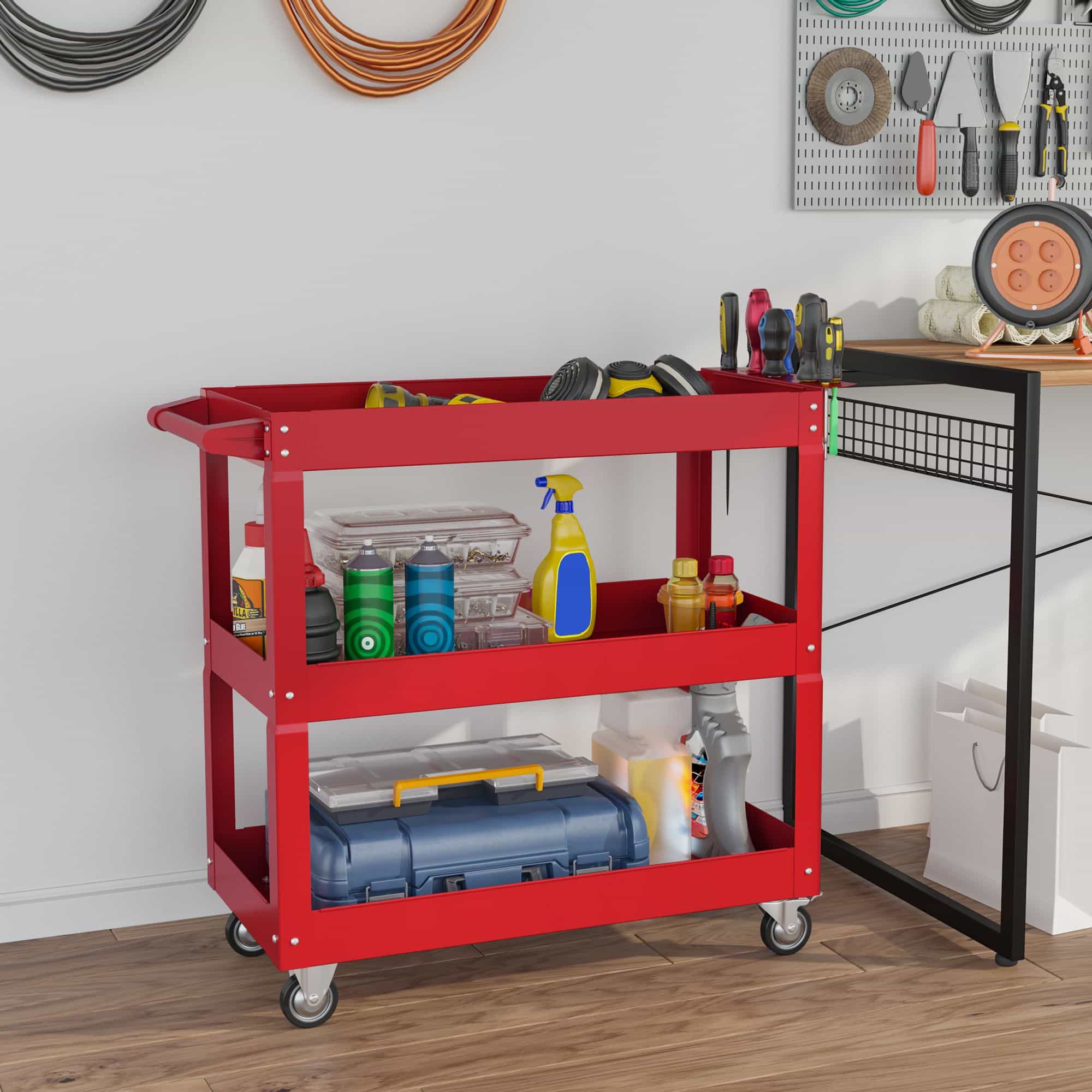 4goodz Gereedschapswagen met 3 Etages, Lege Werkplaatswagen - Rood 4goodz Gereedschapswagen met 3 Etages, Lege Werkplaatswagen - Rood