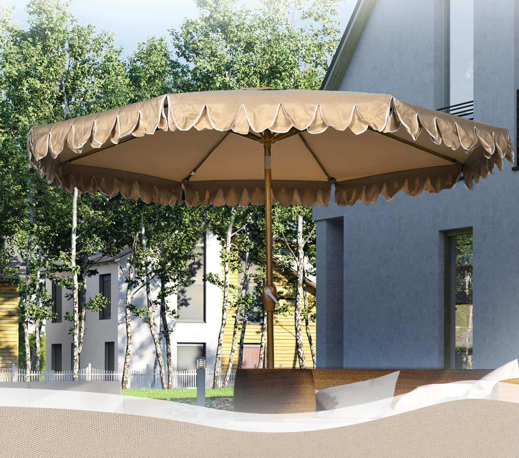 4goodz Parasol met Volant en kantfranjes Ø264 cm - kantelbaar - Houtlook - kaki