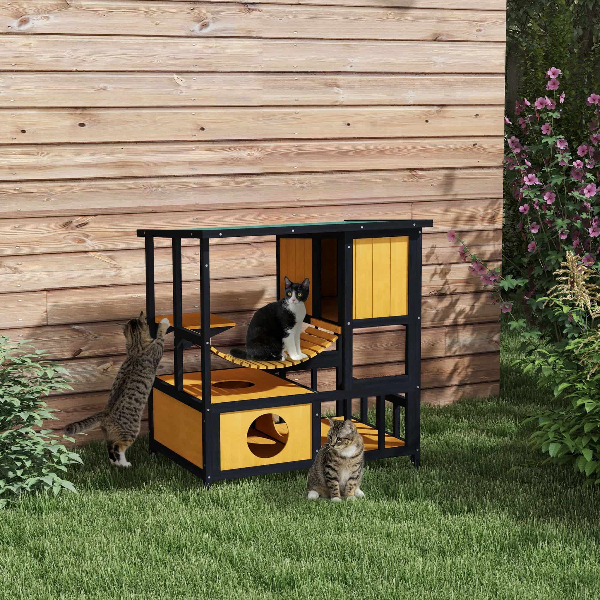 4goodz Kattenhuis 3 laags 85x60x88 cm - Geel + Zwart
