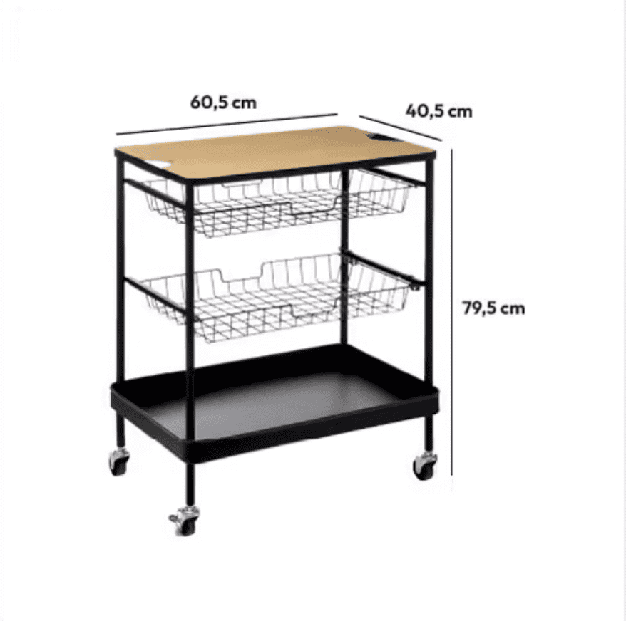 4goodz Serveerwagen met 3 opbergvakken en plateau 40x60x79 cm - Zwart