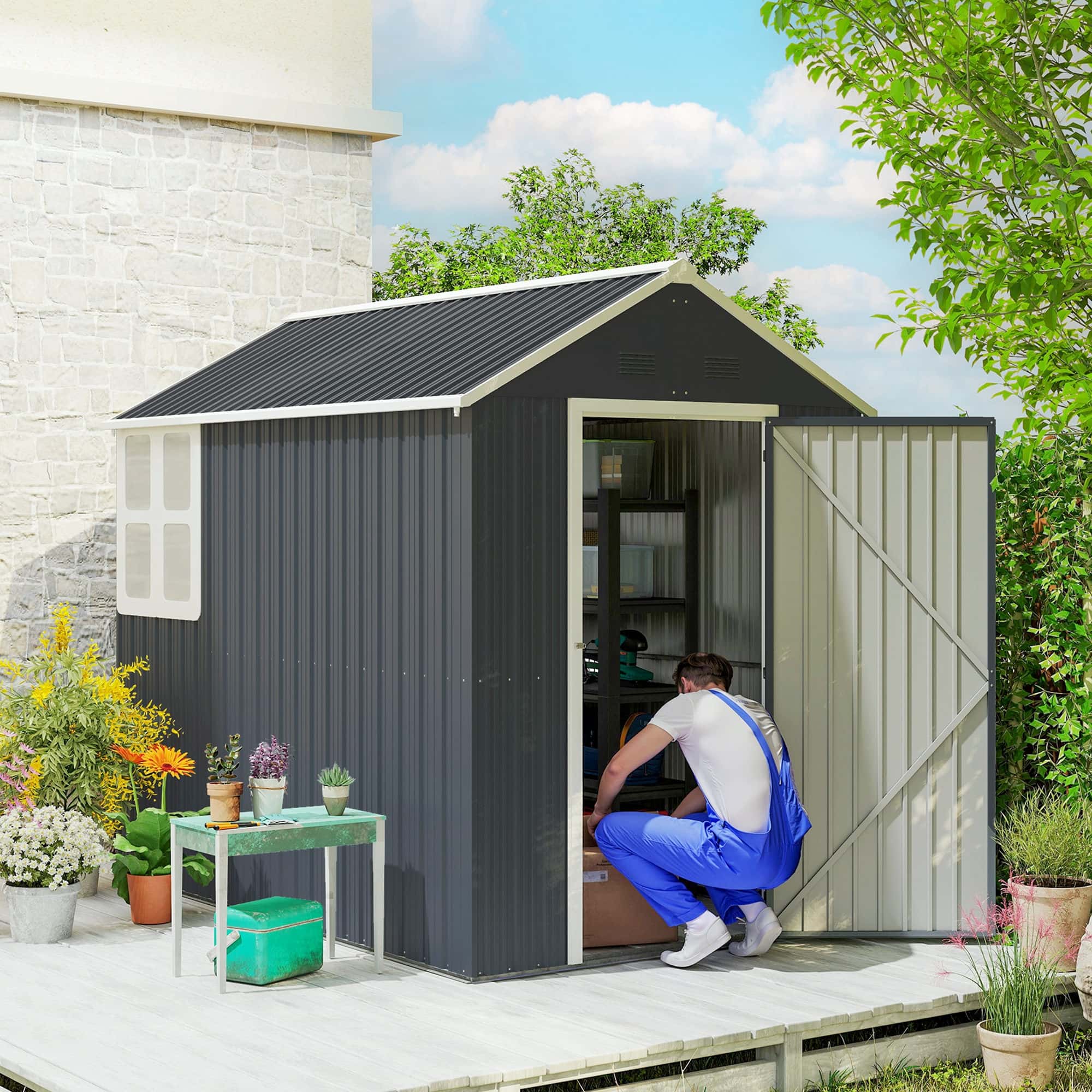 4goodz Metalen Gereedschapsschuur Tuinschuur met raam - donkergrijs