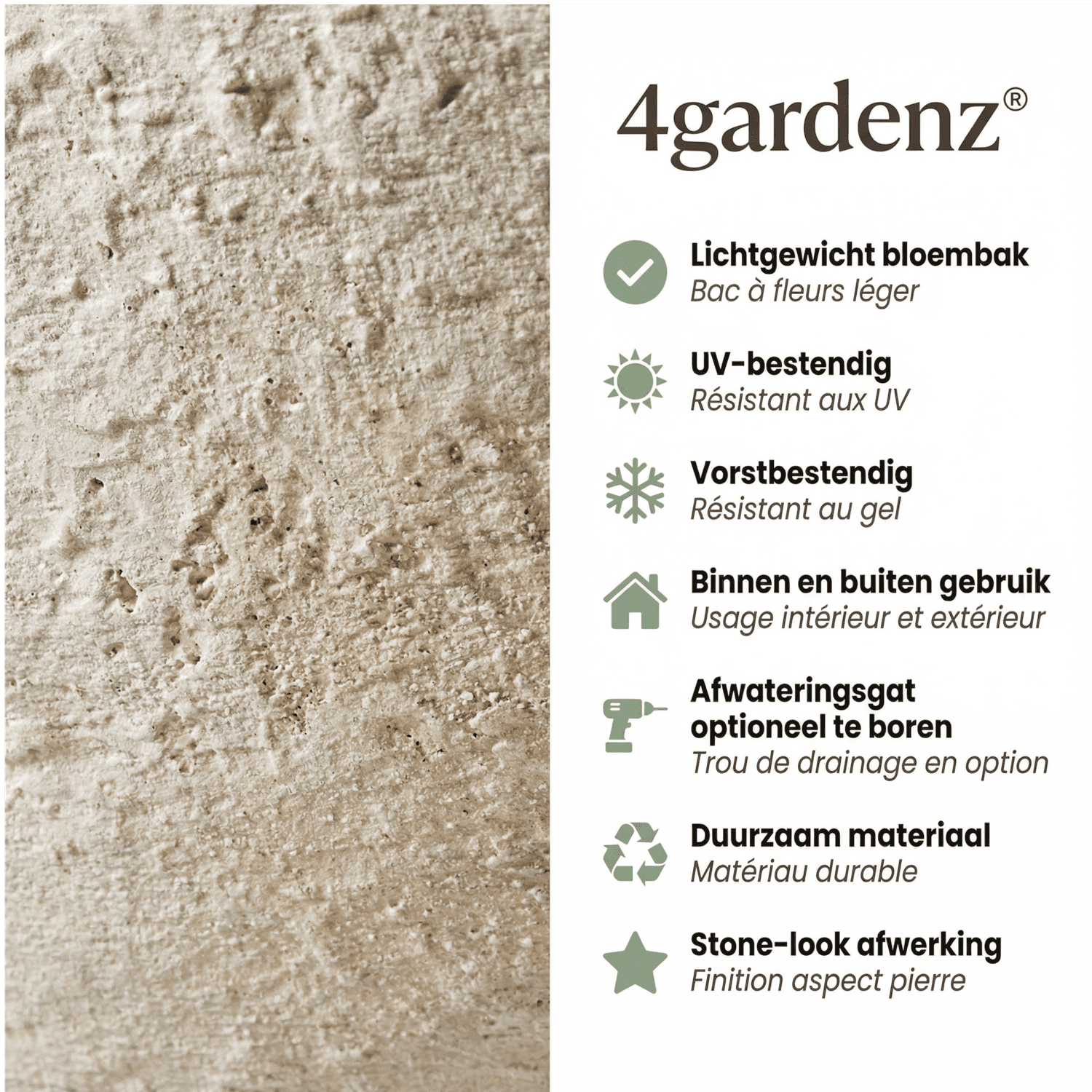 4gardenz® Stone Plantenbak Ovaal - 69x39x29 cm - Crème