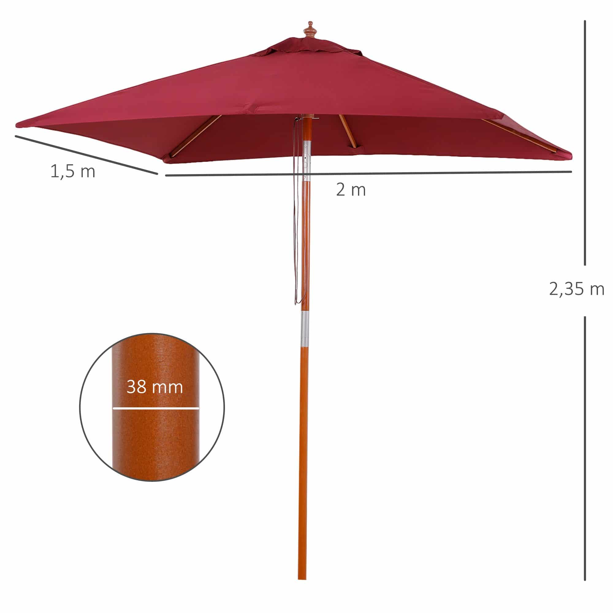 4goodz 3-Delig Kantelbare Parasol Hout Rechthoekig 200x150x230 cm - Wijnrood