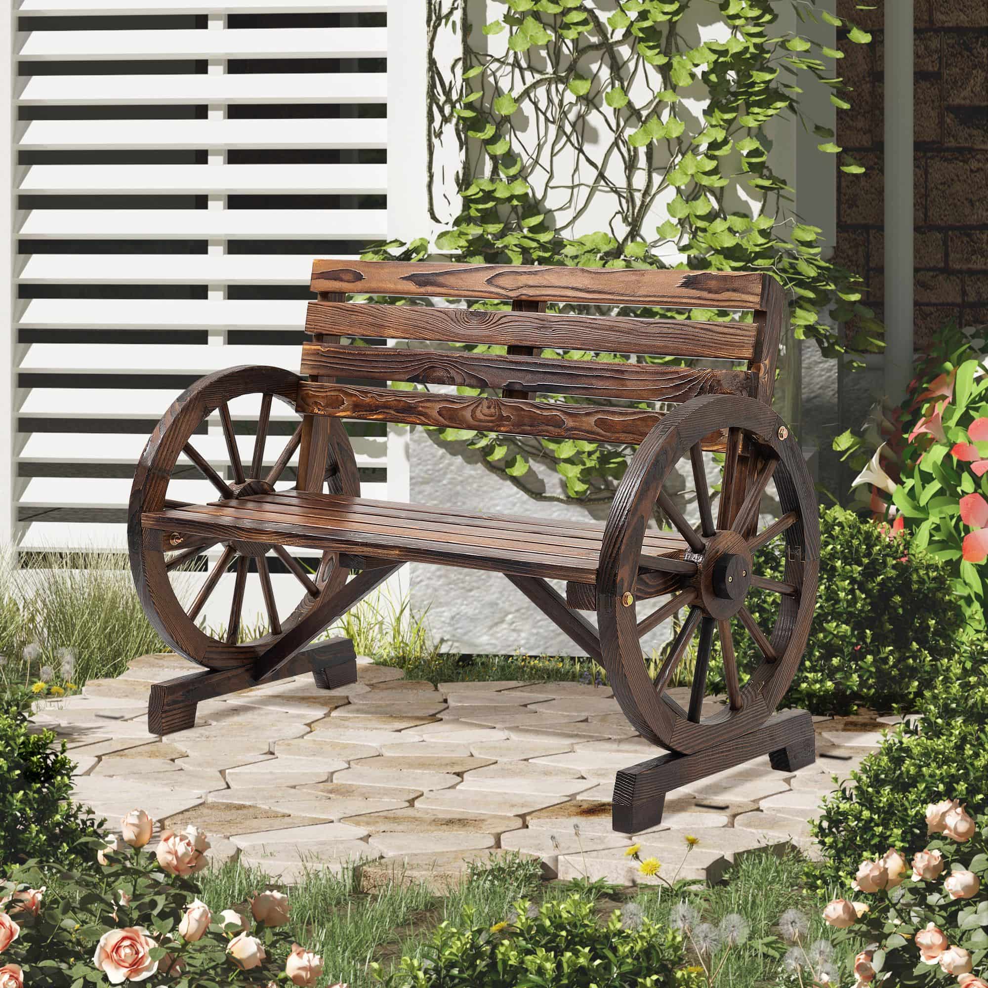 4goodz Tuinbank met armleuning Wagenwielen design Massief Hout
