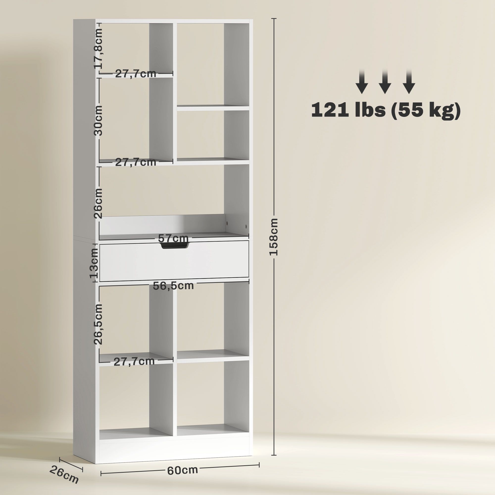 4goodz Boekenkast met 9 vakken en 1 lade - 24x60x158 cm - Wit