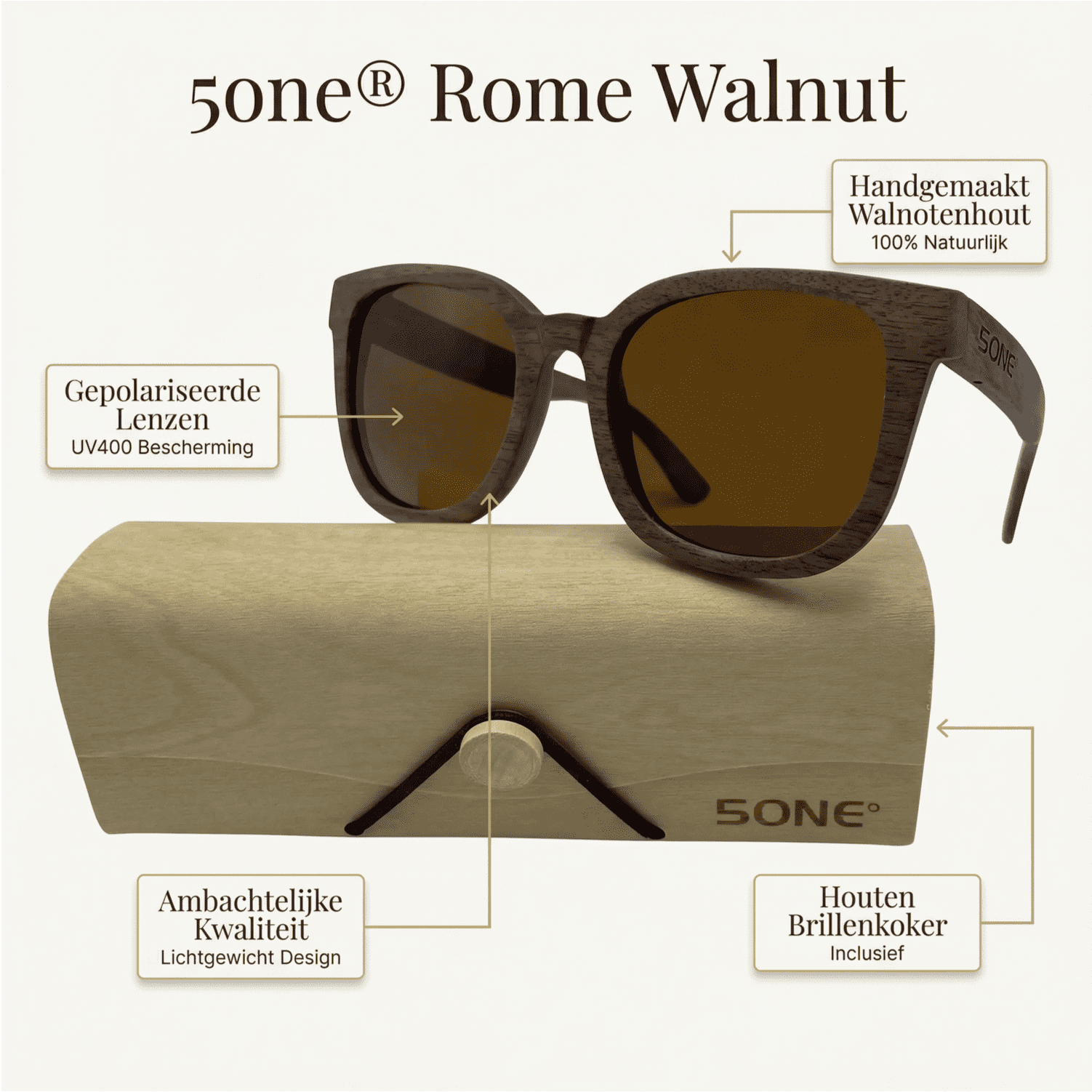 5one® Rome Walnut zonnebril met bruine lens - houten zonnebril