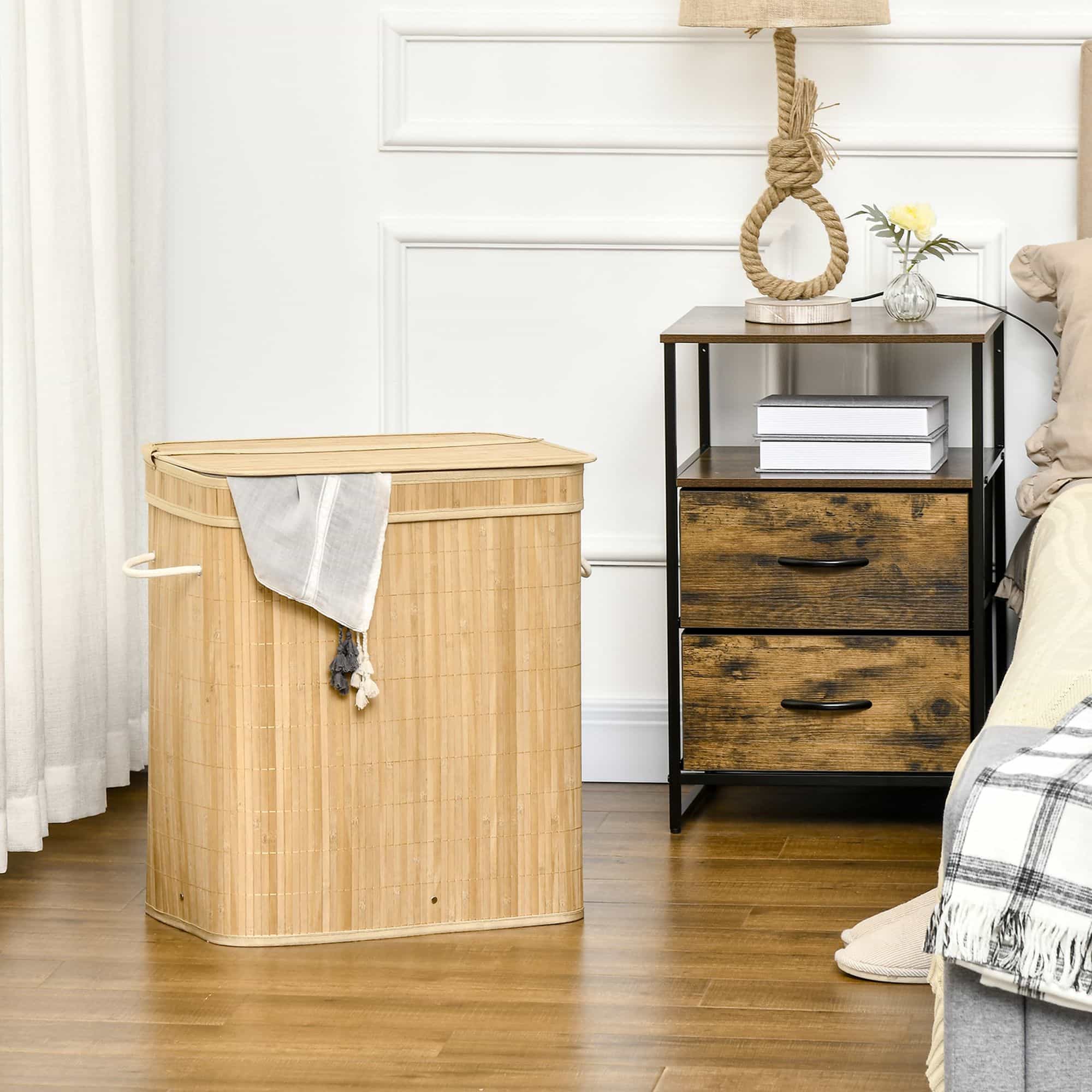 4goodz Wasmand Bamboe met Deksel 2 Vakken 90 Liter - Bruin 4goodz Wasmand Bamboe met Deksel 2 Vakken 90 Liter - Bruin