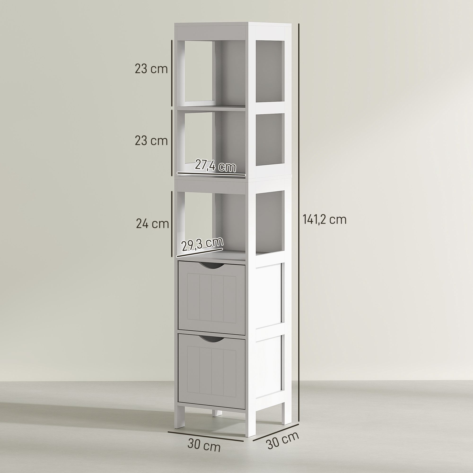 Badkamerkast - Kolomkast 2 lades en 3 planken 30x30x141 cm - Wit