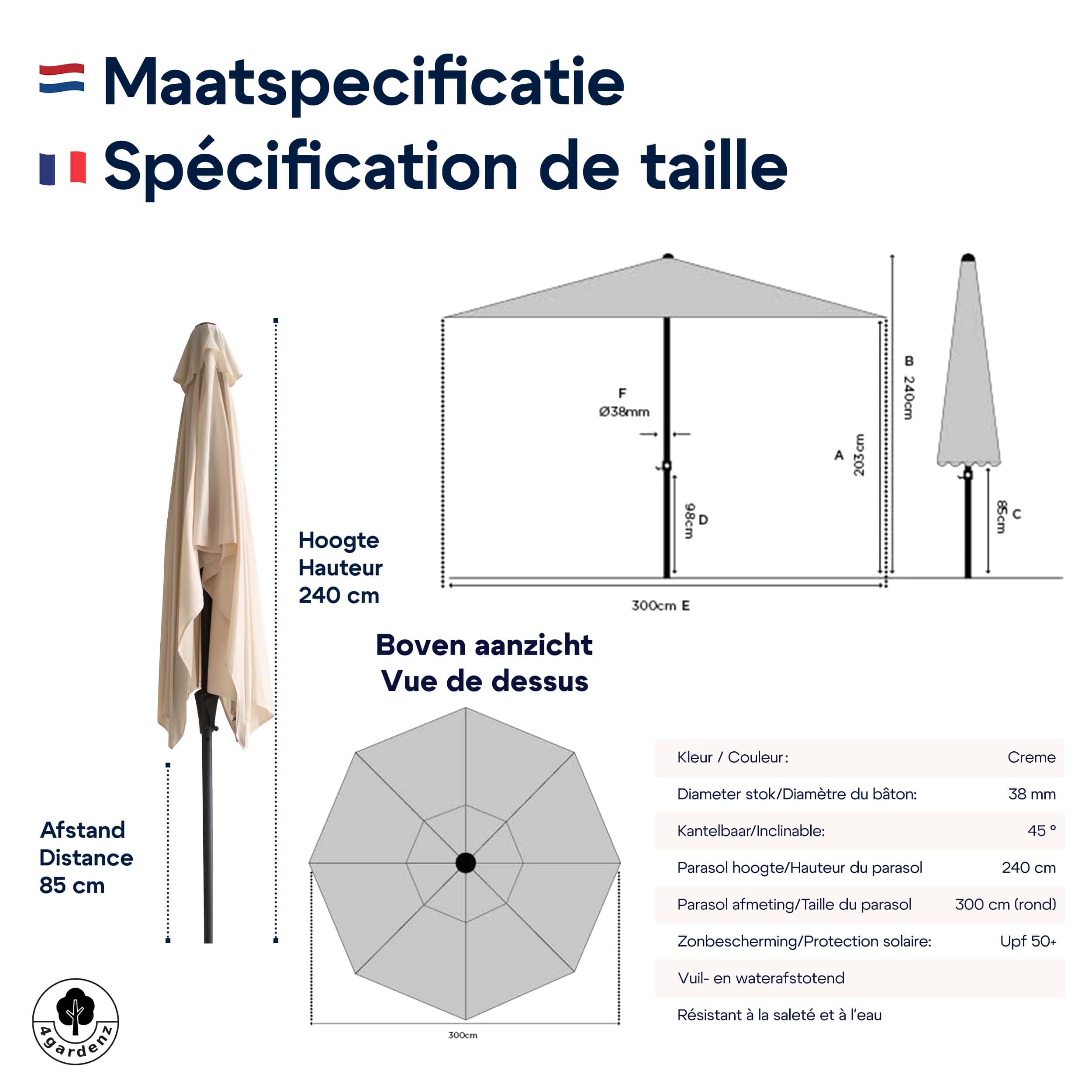 4gardenz® Parasol Rechthoek 150X250cm Kantelbaar - Balkonparasol Creme