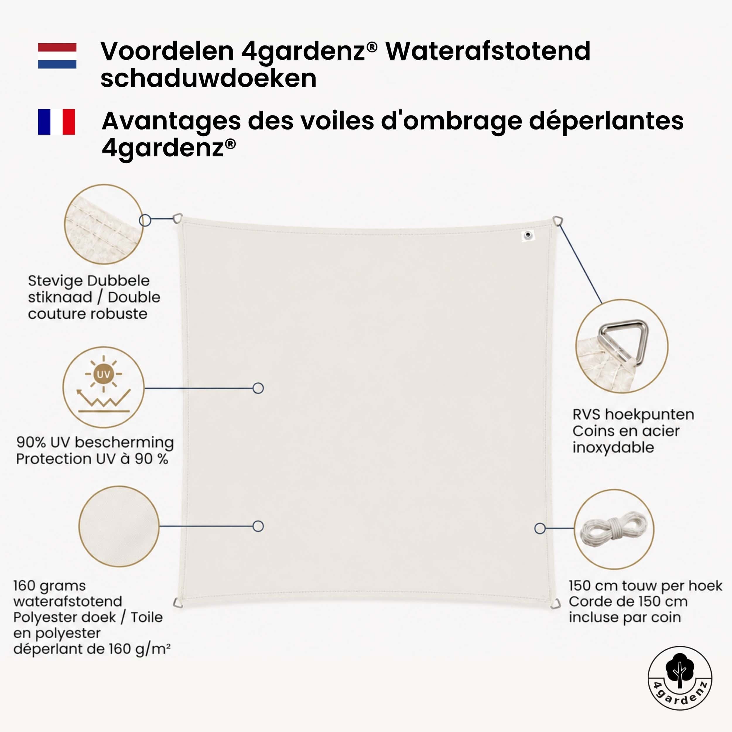 4gardenz Schaduwdoek Waterafstotend Vierkant 5x5 mtr - Crème