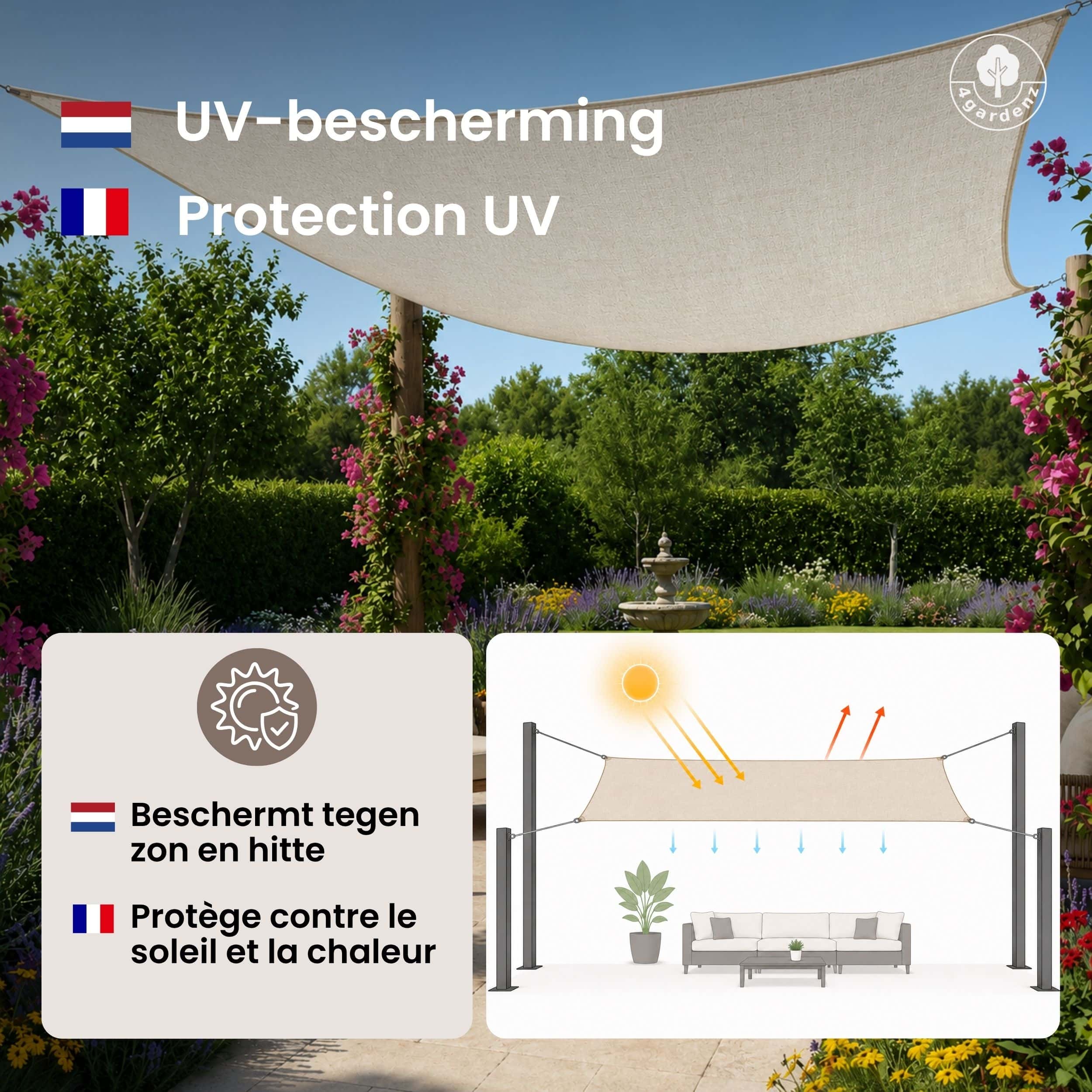 4gardenz Schaduwdoek Waterafstotend Rechthoek 5x6 mtr - Crème 4gardenz Schaduwdoek Waterafstotend Rechthoek 5x6 mtr - Crème