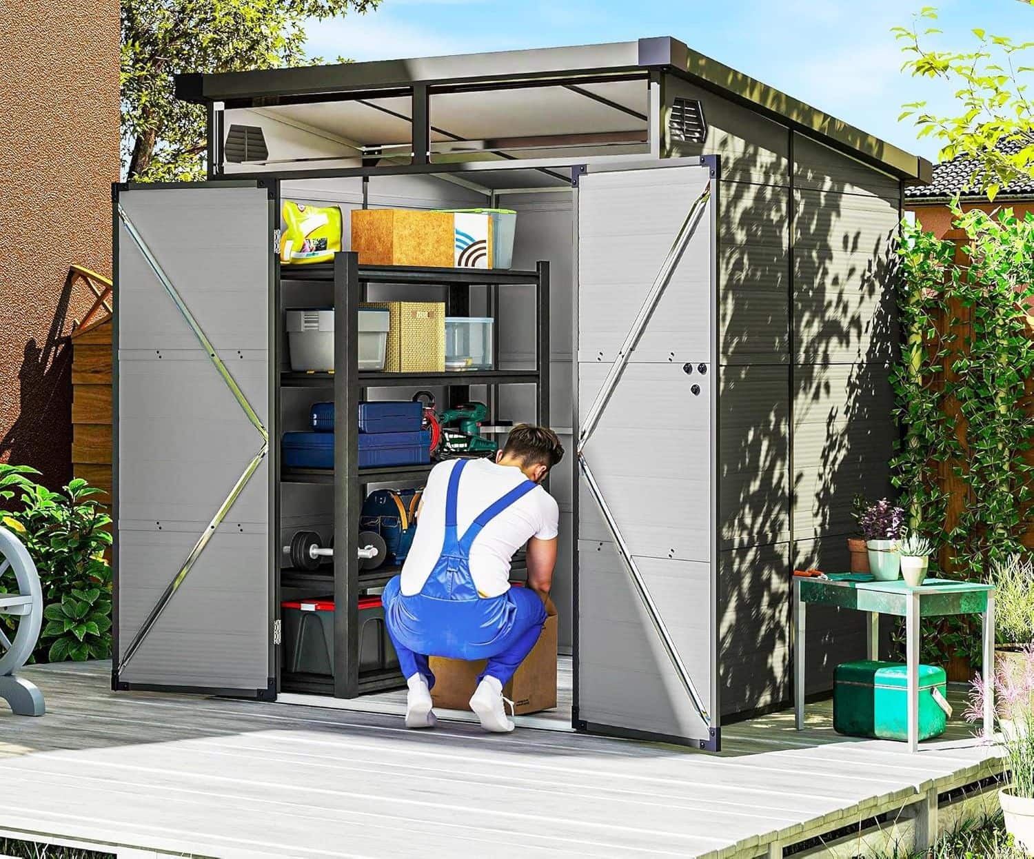 Kunststof Tuinschuur met afsluitbare deuren - Grijs