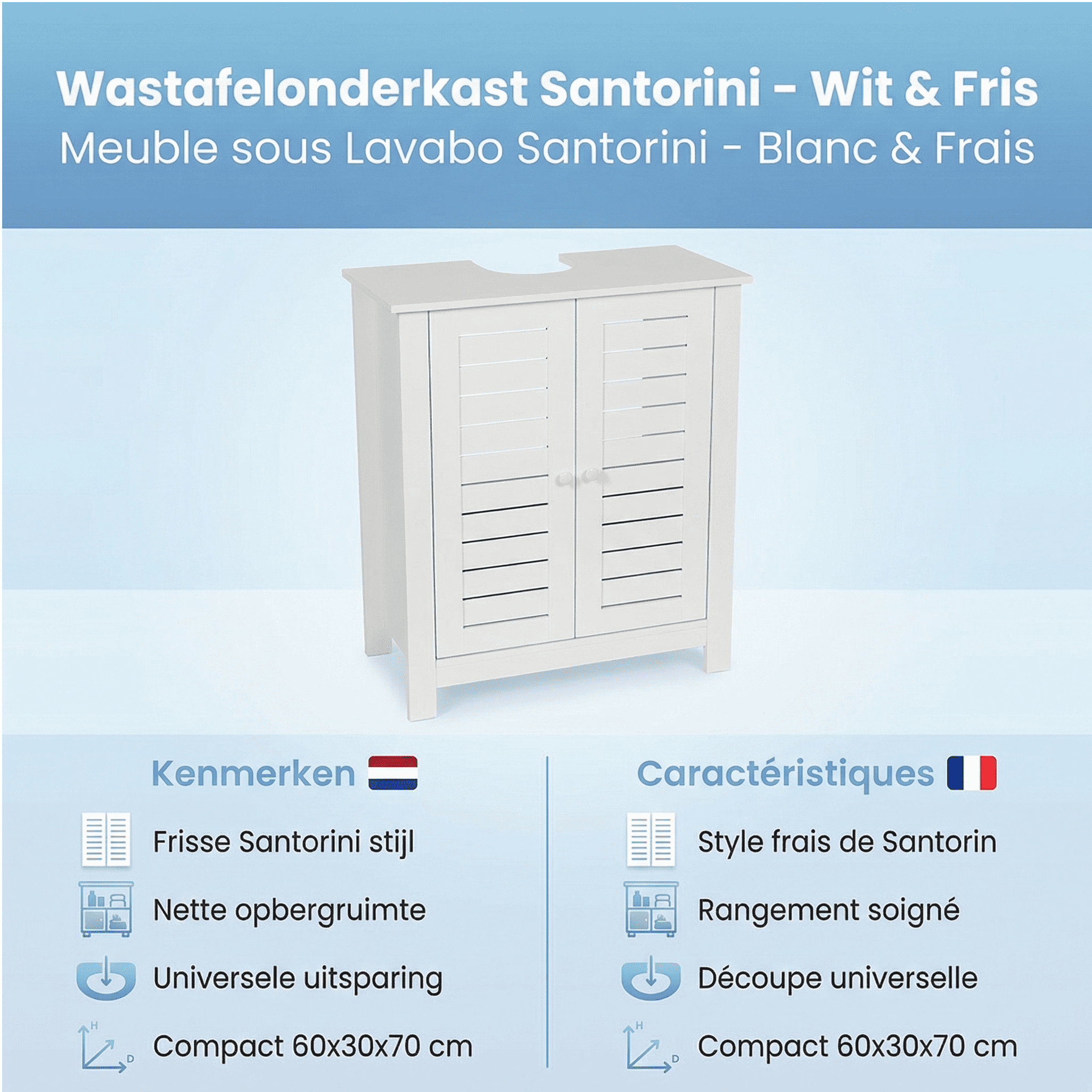 Wastafelonderkast Santorini met Uitsparing - met 2 planken - Wastafelmeubel - Wit MDF Wastafelonderkast Santorini met Uitsparing - met 2 planken - Wastafelmeubel - Wit MDF