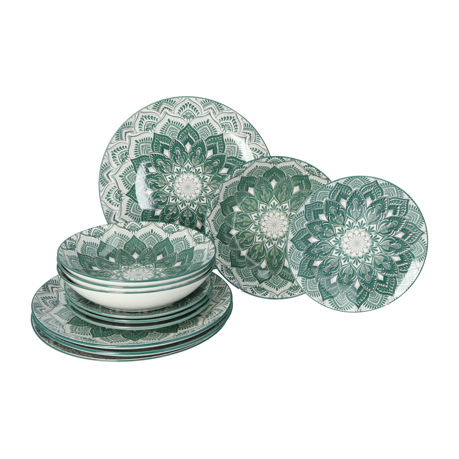 Luzzo® Mandala Serviesset 4 persoons 12-delig porselein - Groen