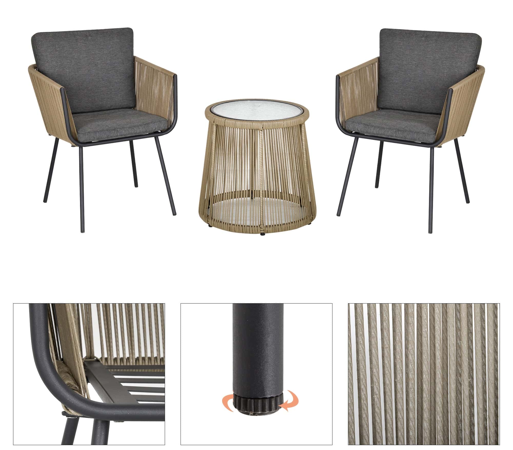 4goodz 3-delige loungeset Rotan - 2 stoelen en tafel met kussens - grijs