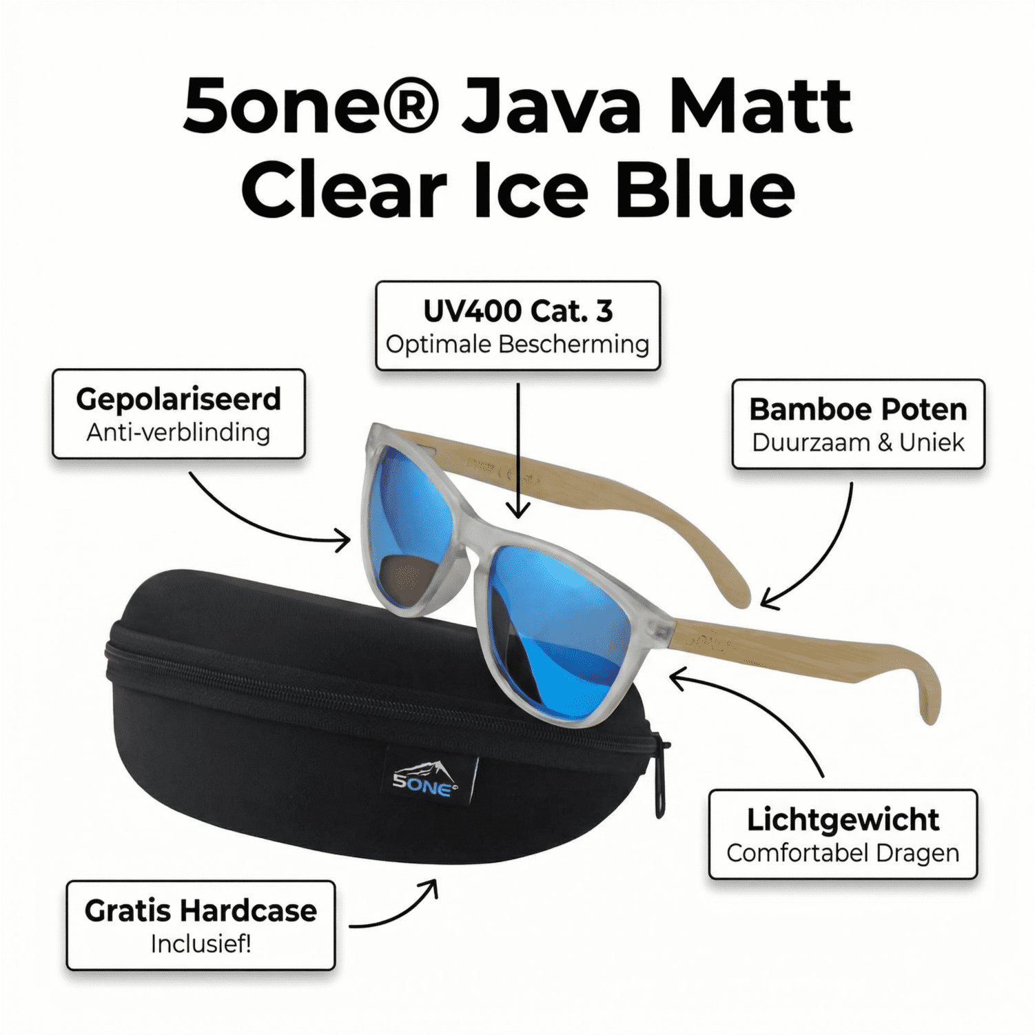 5one® Java Matt Clear Ice Blue - Bamboe Zonnebril 5one® Java Matt Clear Ice Blue - Bamboe Zonnebril
