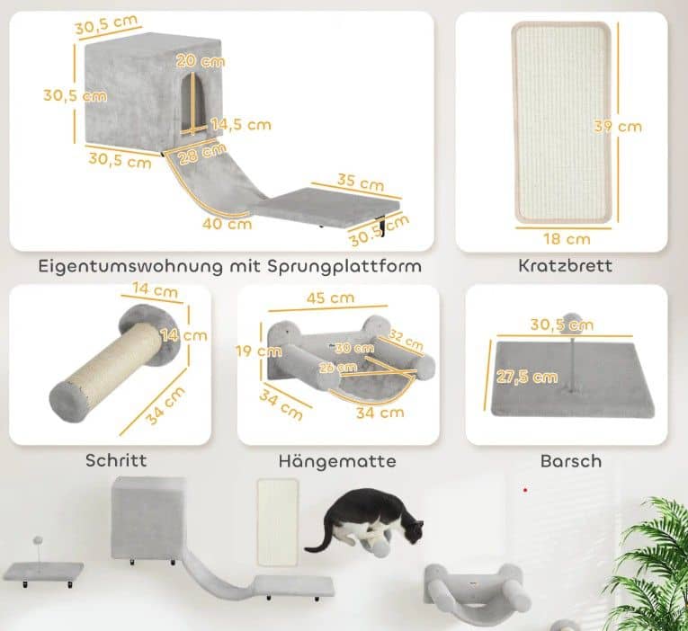Klimmuur voor Katten 6-delig - met Hangmat en Platform en Krabplank - Grijs