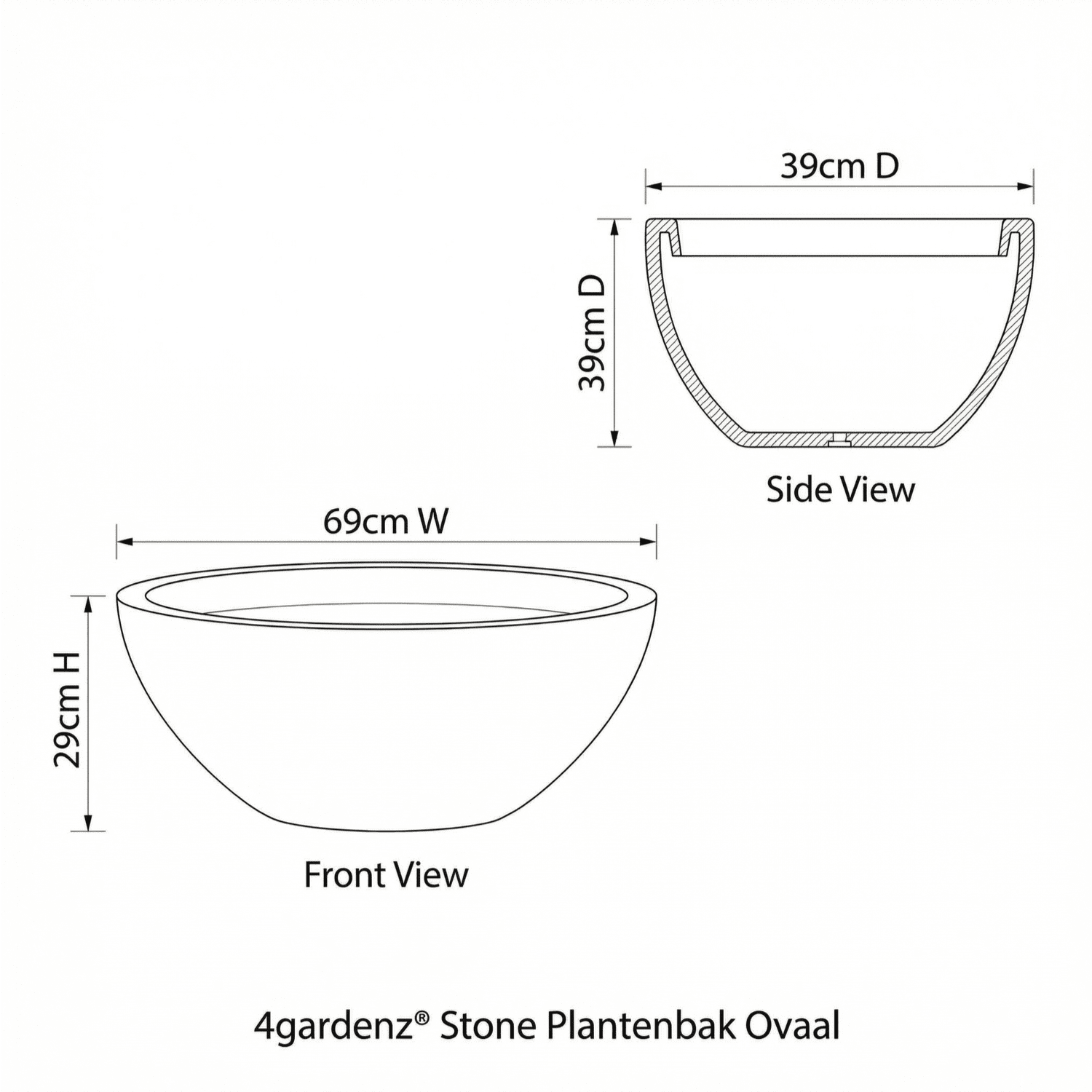 4gardenz® Stone Plantenbak Ovaal - 69x39x29 cm - Crème