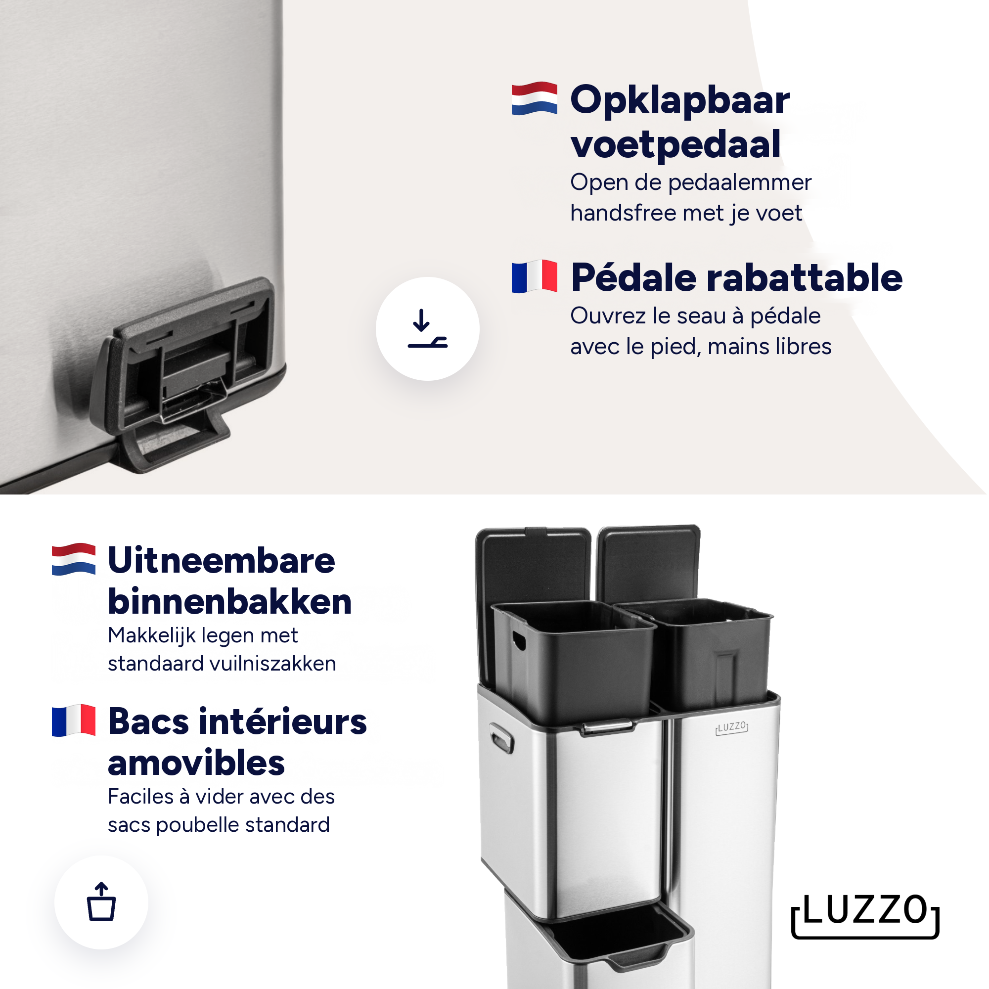 Luzzo Ohio Pedaalemmer Afvalscheiding 60 liter - 3 bakken - Zilver