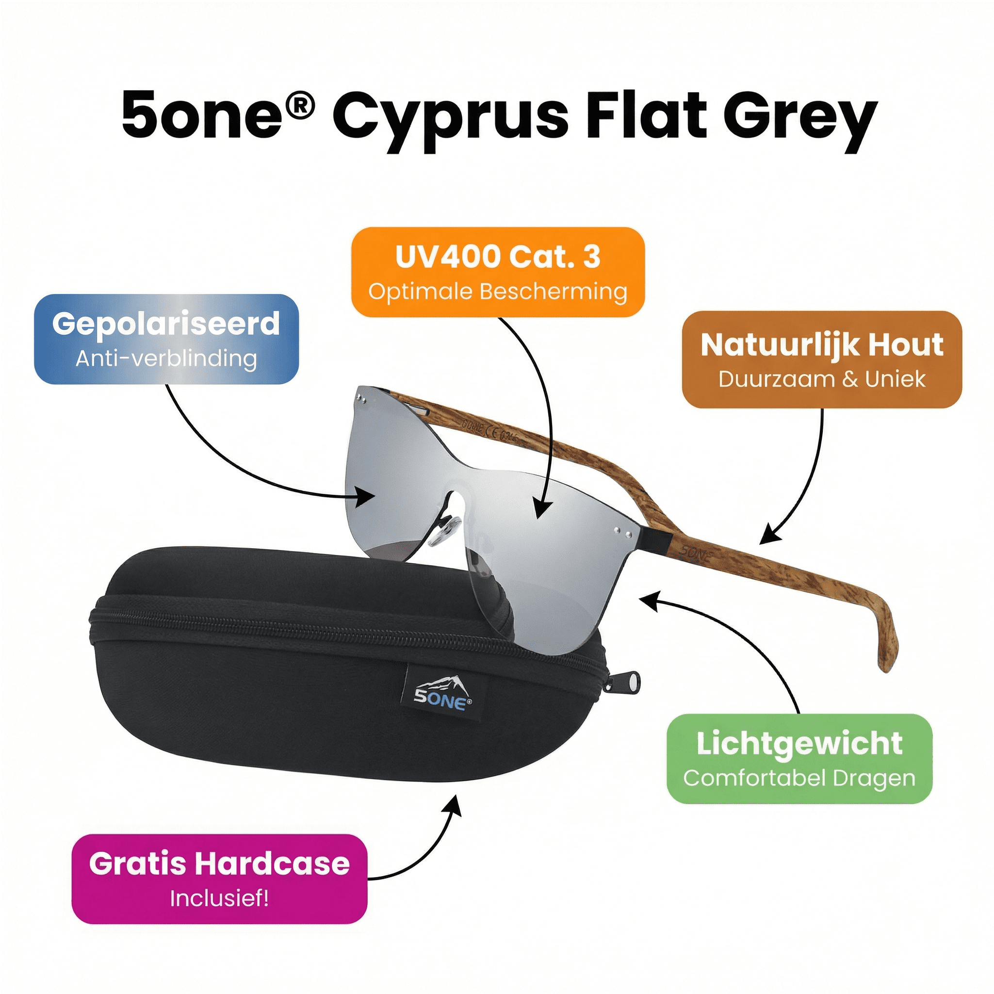 5one® Cyprus Flat Grey - Houten Zonnebril met Zilveren Spiegellens