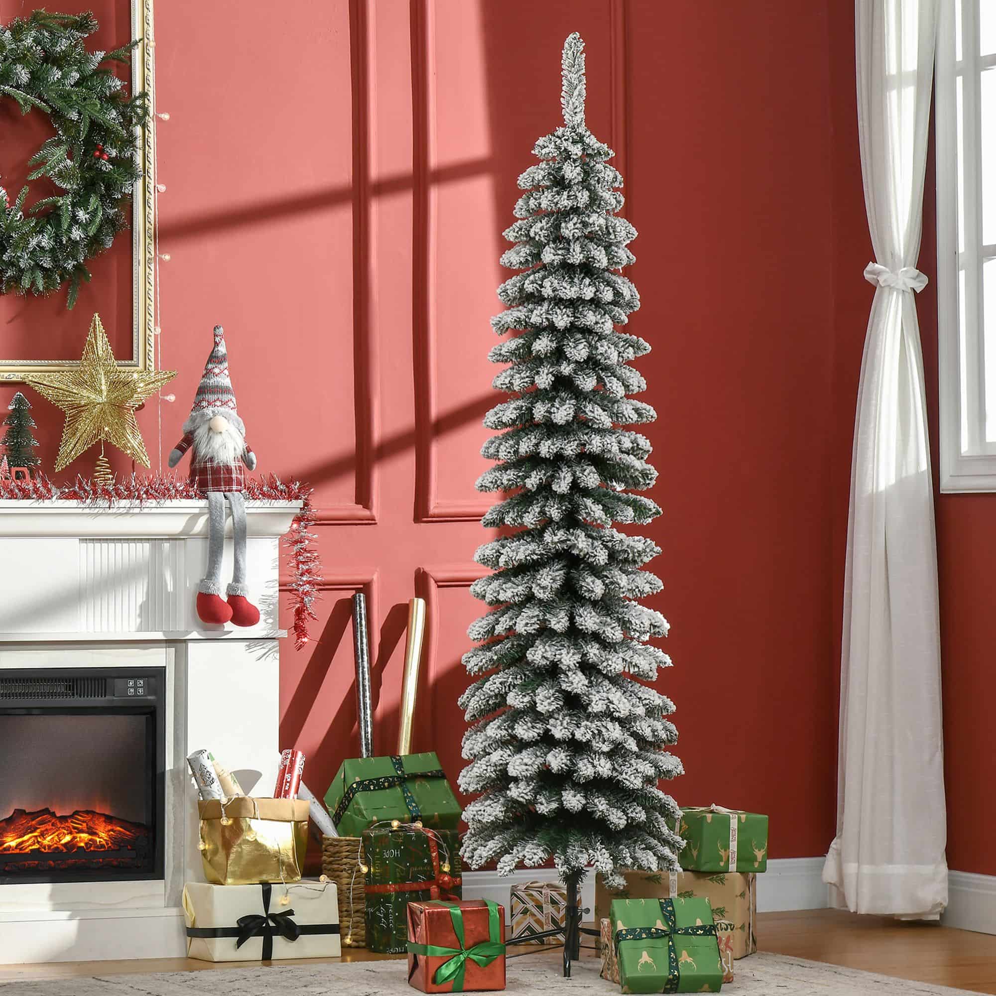 Homcom Kerstboom Smal met Sneeuw - incl. standaard 180 cm - Wit/Groen
