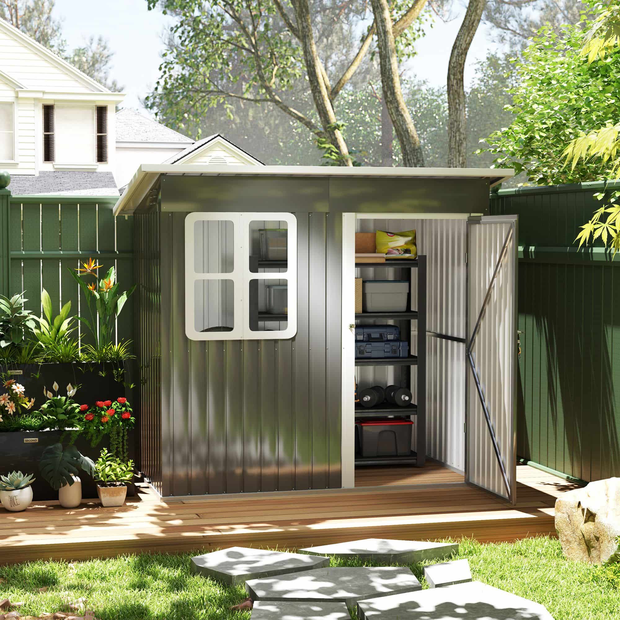 Metalen Tuinhuis met Raam en Afsluitbare Deuren - 133x221x190 cm - Grijs