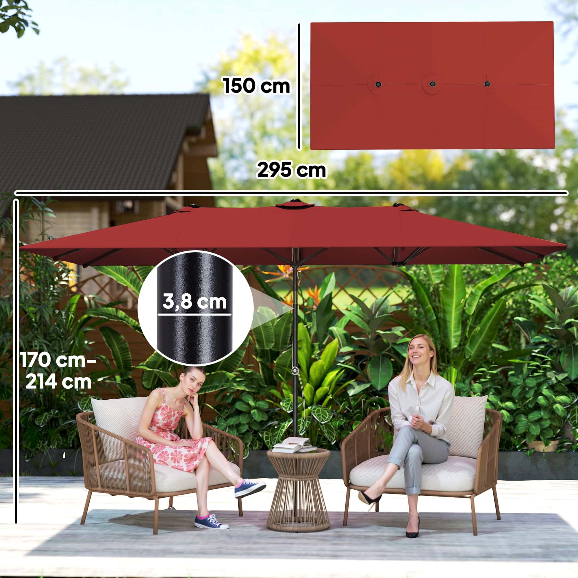 4goodz Duo-parasol Rechthoek 295x150 cm - brede parasol - Wijnrood