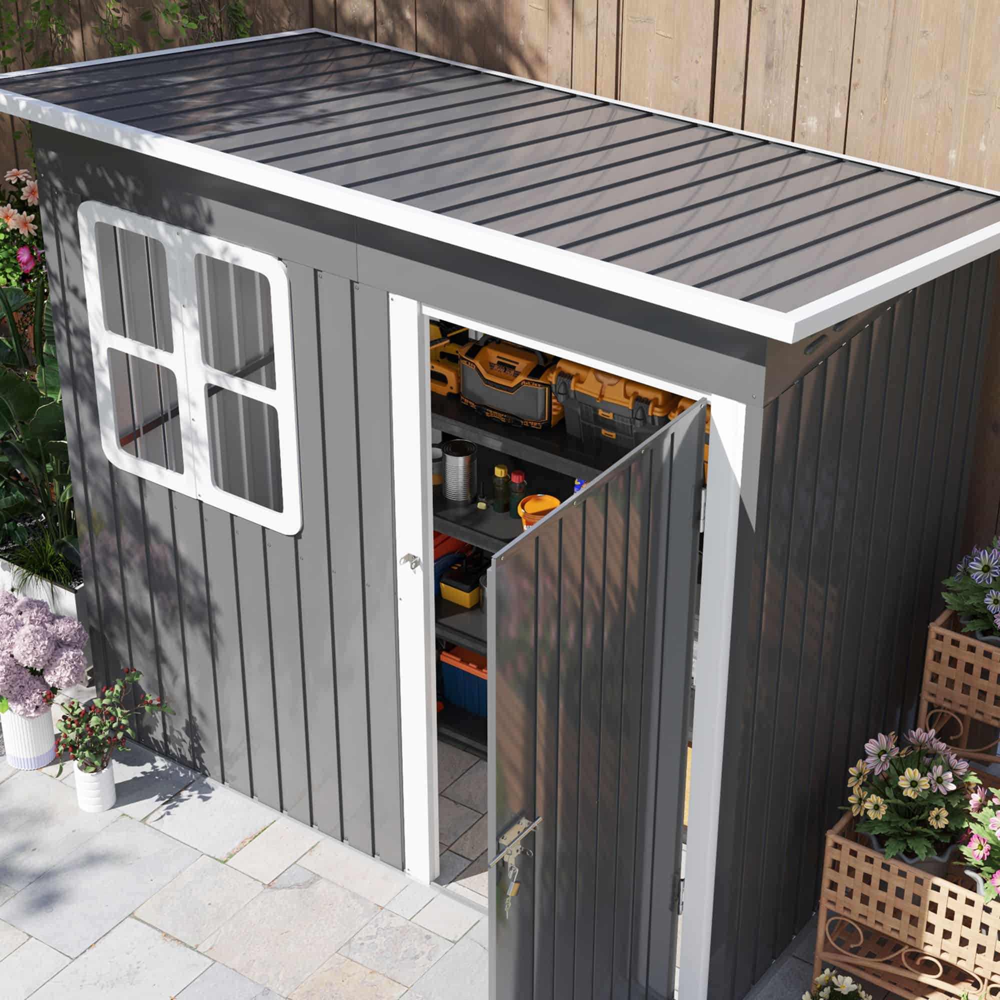 Metalen Tuinhuis met Raam en Afsluitbare Deuren - 133x221x190 cm - Grijs