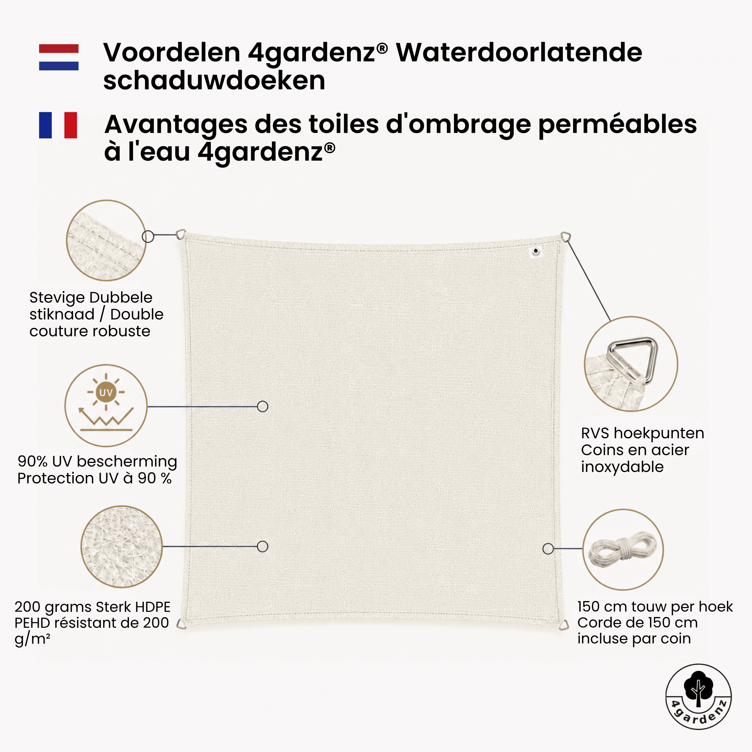 4gardenz Schaduwdoek Waterdoorlatend Vierkant 5x5 mtr - Crème