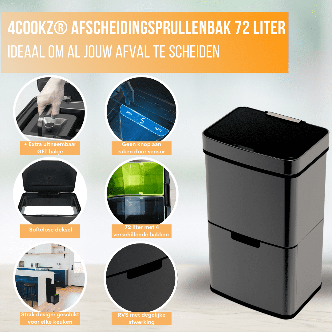 4cookz® Smart Waste Grey Afvalbak Afvalscheiding Prullenbak met Sensor 72 Ltr
