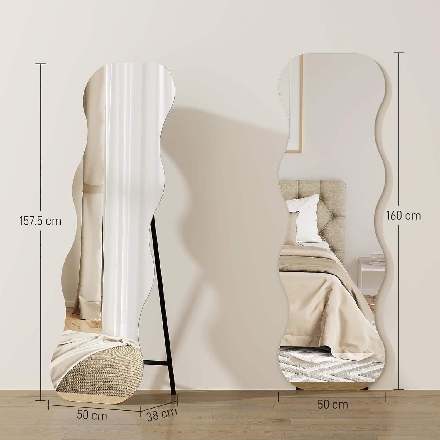 4goodz Frameloze Passpiegel 160x50 cm met houten voet - golfvormig 4goodz Frameloze Passpiegel 160x50 cm met houten voet - golfvormig