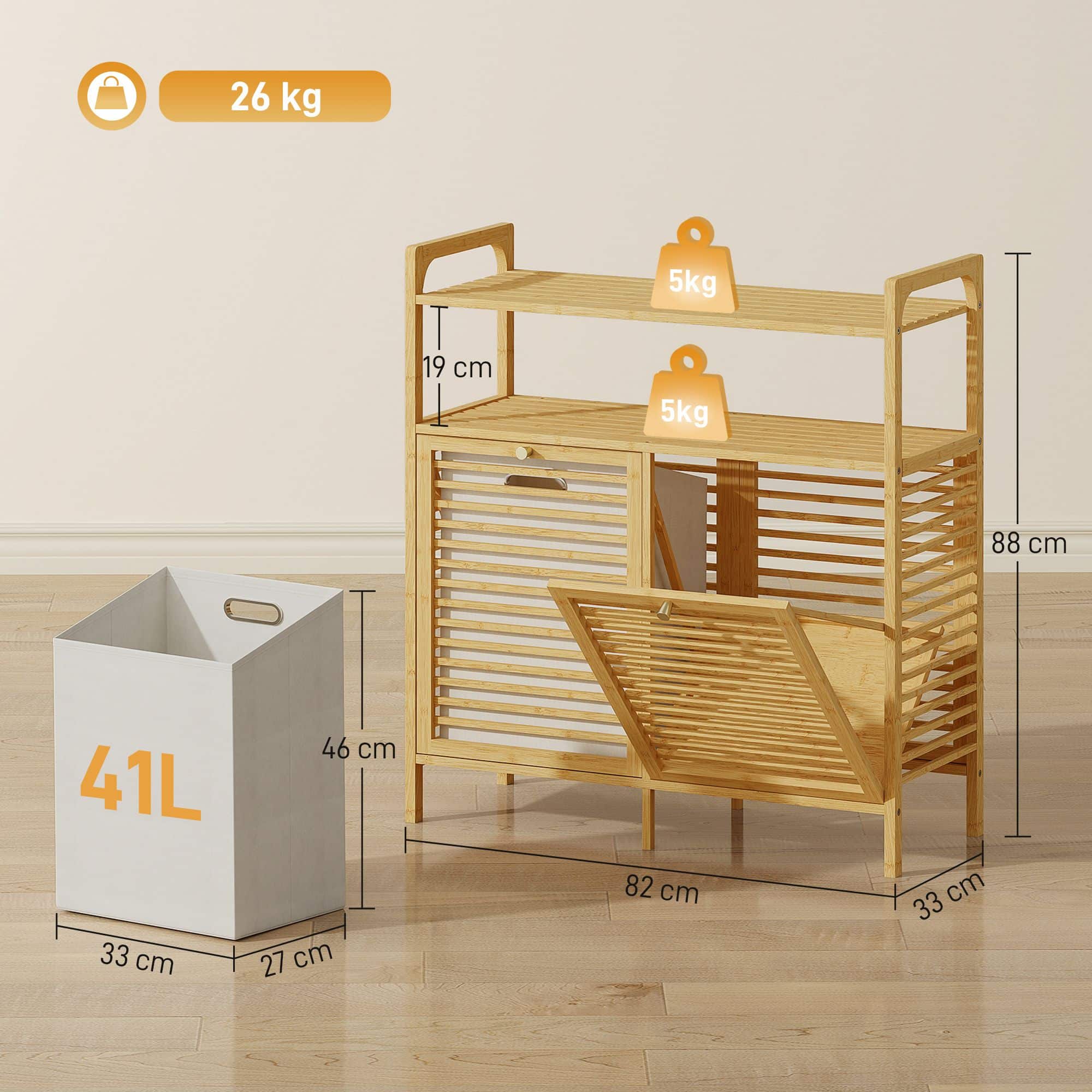 Bamboe Wasmand 82 liter met 2 los kantelbare wasmanden - Bruin Bamboe Wasmand 82 liter met 2 los kantelbare wasmanden - Bruin