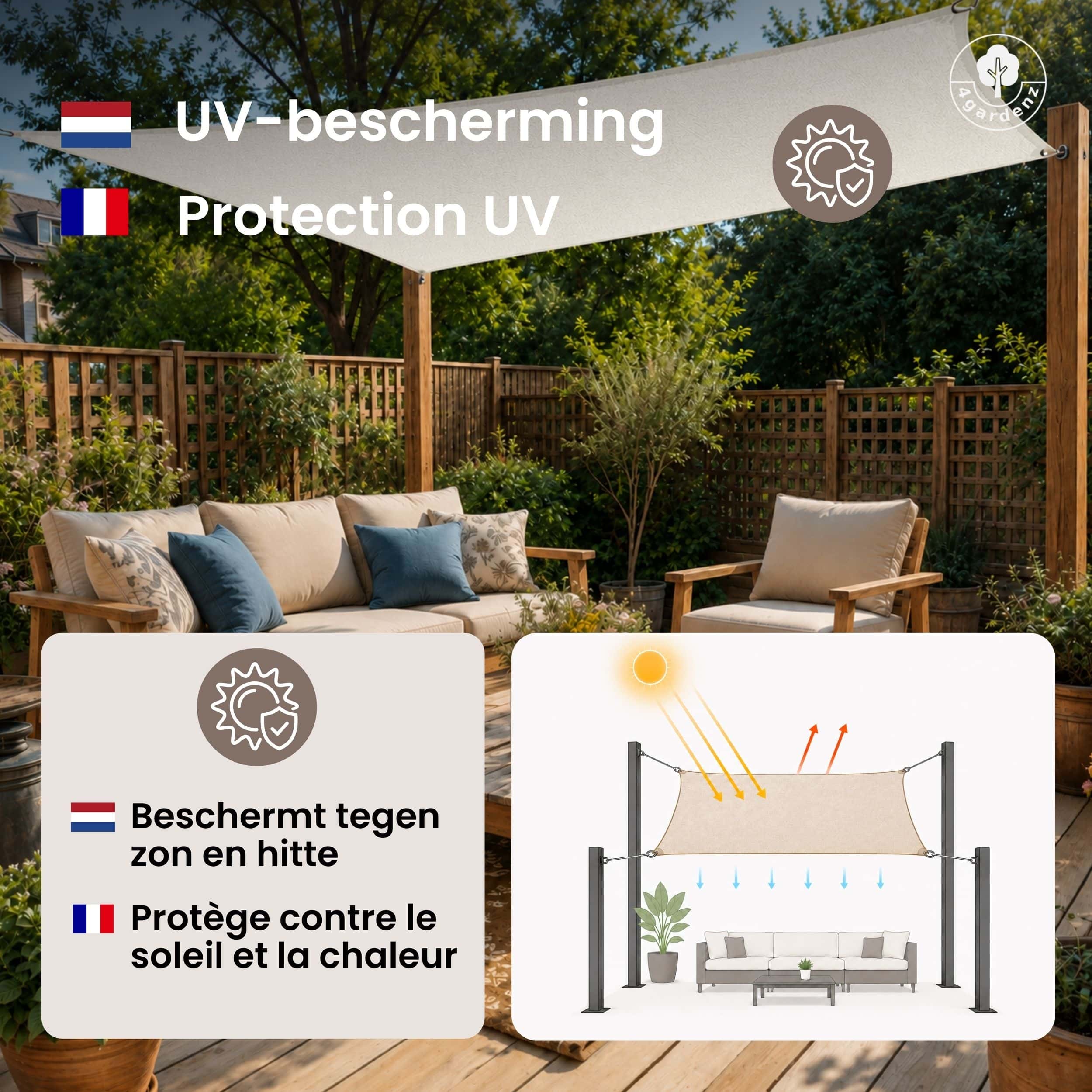 4gardenz Schaduwdoek Waterafstotend Vierkant 5x5 mtr - Crème