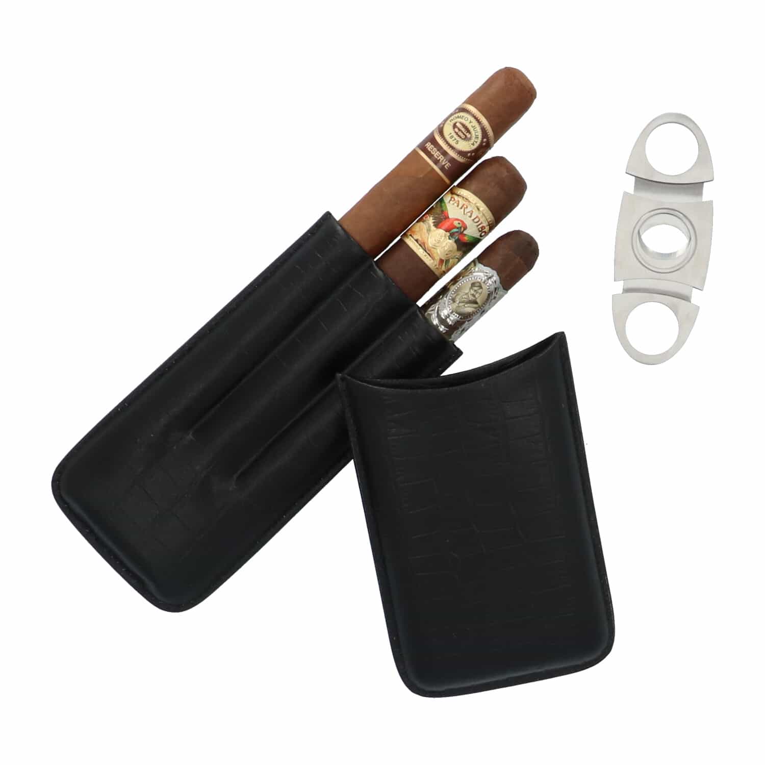 Leren Sigarenkoker met sigarenknipper geschikt voor 3 stuks - zwart