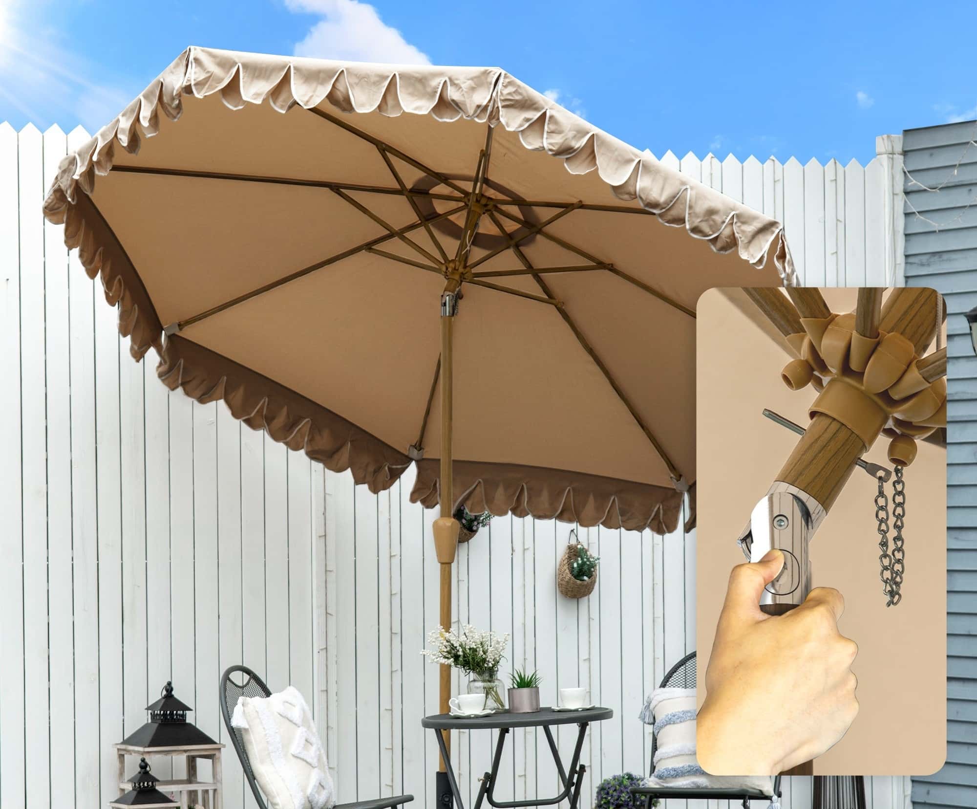 4goodz Parasol met Volant en kantfranjes Ø264 cm - kantelbaar - Houtlook - kaki