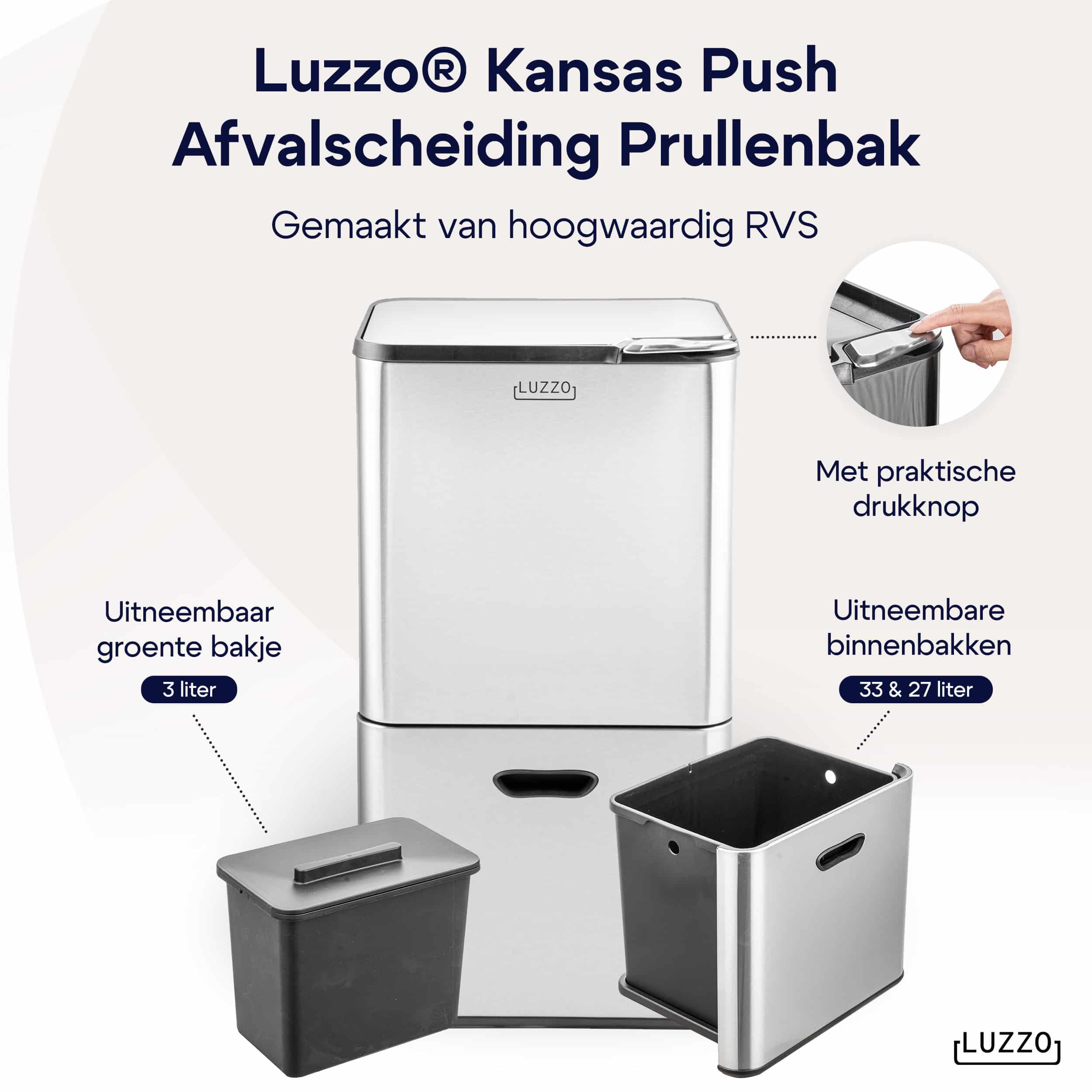 Luzzo® Kansas Push Prullenbak 63 liter Afvalscheiding 4 vakken - Afval Scheiden - Metal Grey