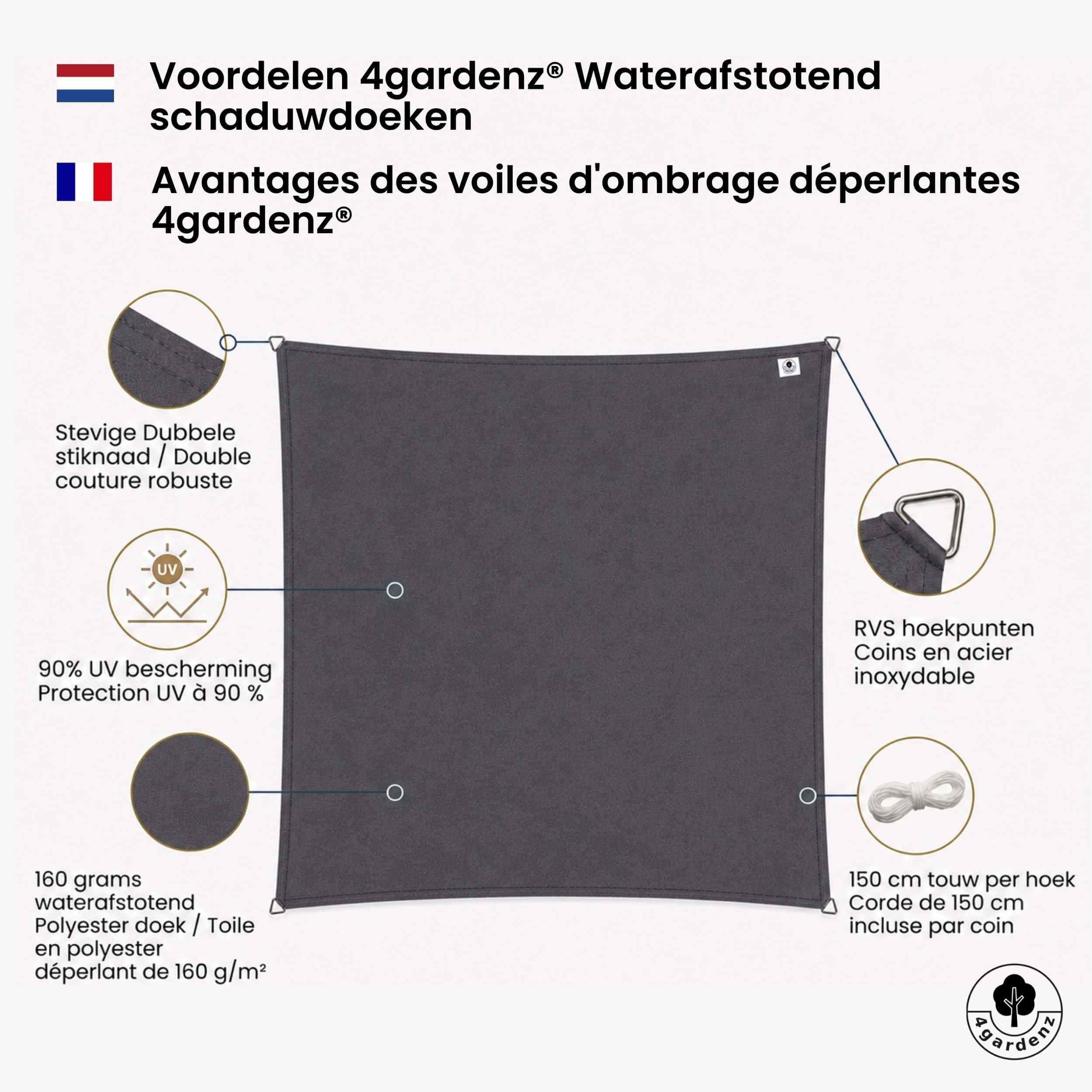 4gardenz Schaduwdoek Waterafstotend Vierkant 5x5 mtr - Grijs