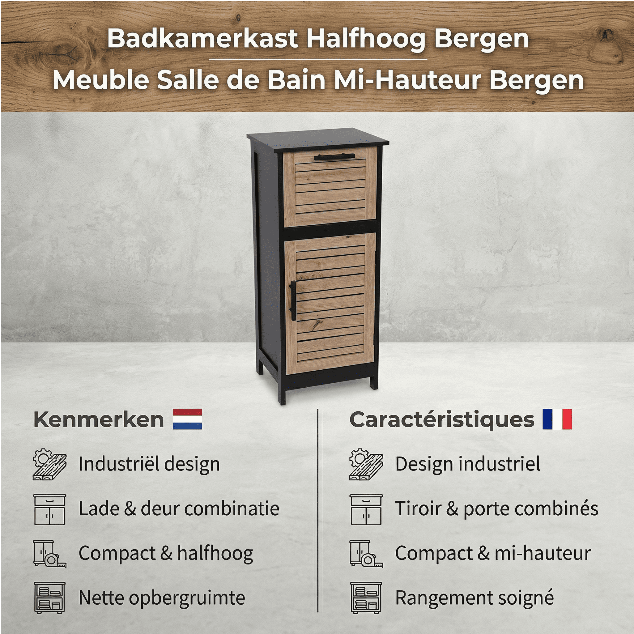 Badkamerkast Halfhoog Bergen met Deur en Lade - Zwart/Bruin Badkamerkast Halfhoog Bergen met Deur en Lade - Zwart/Bruin