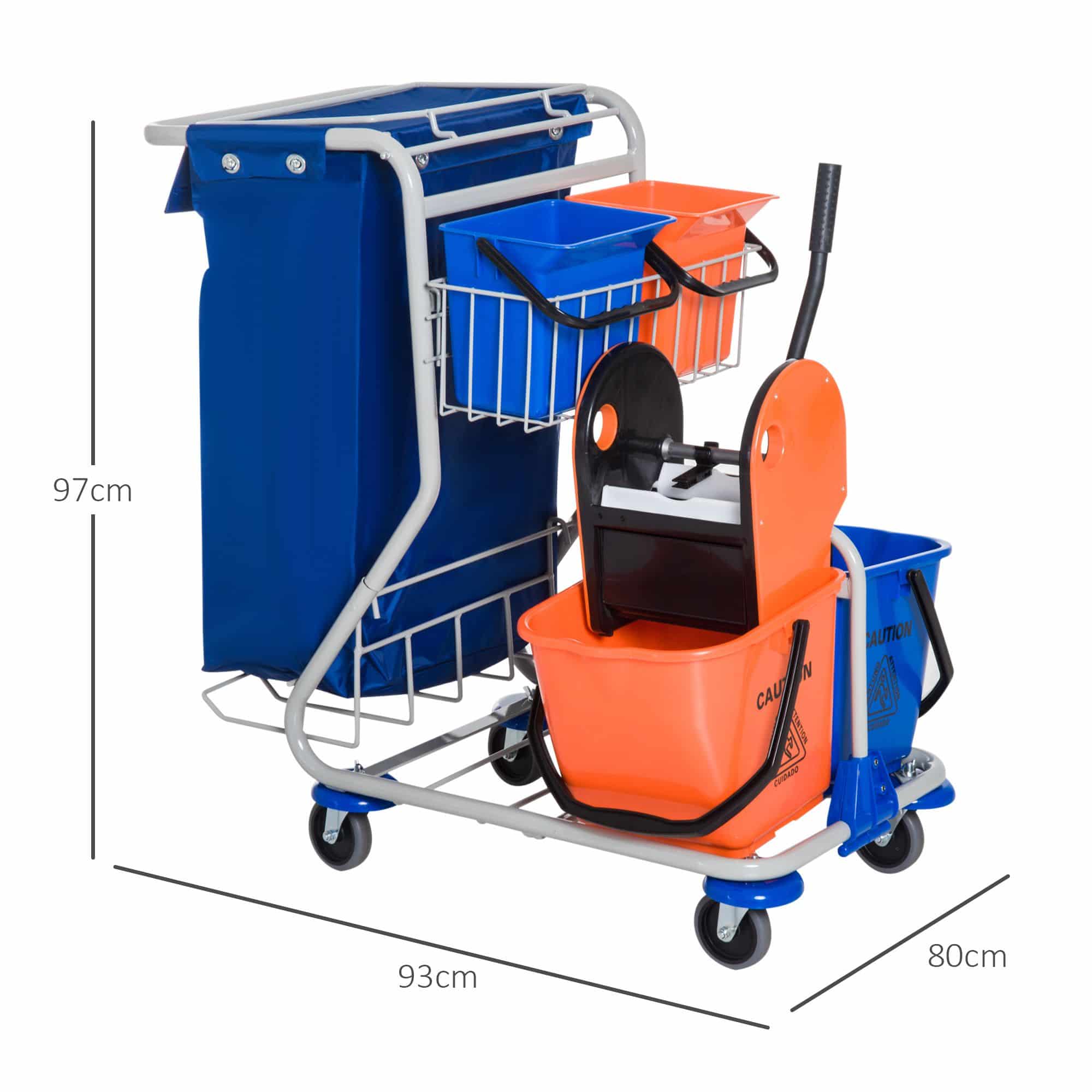 Schoonmaakkar Schoonmaakwagen met Wringer en 4 emmers met wielen