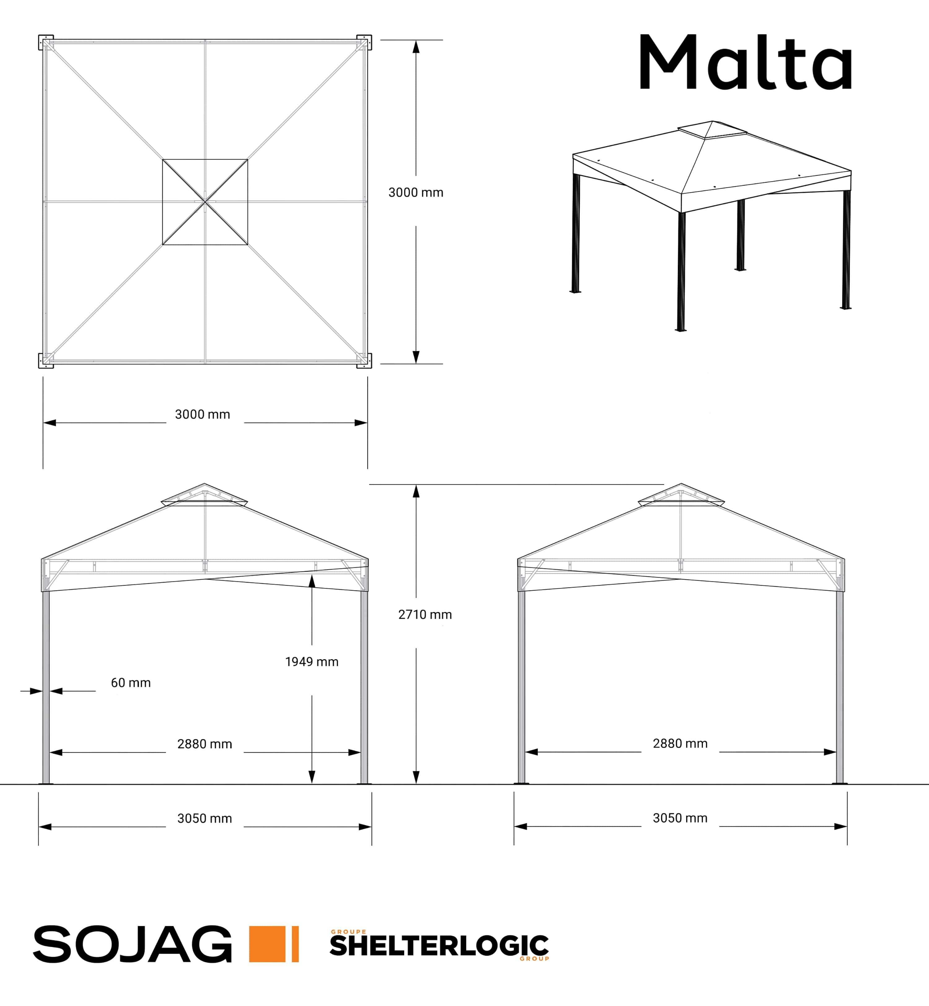 Sojag Malta 1010 - Aluminium Paviljoen 3x3 mtr met afneembaar stoffen dak